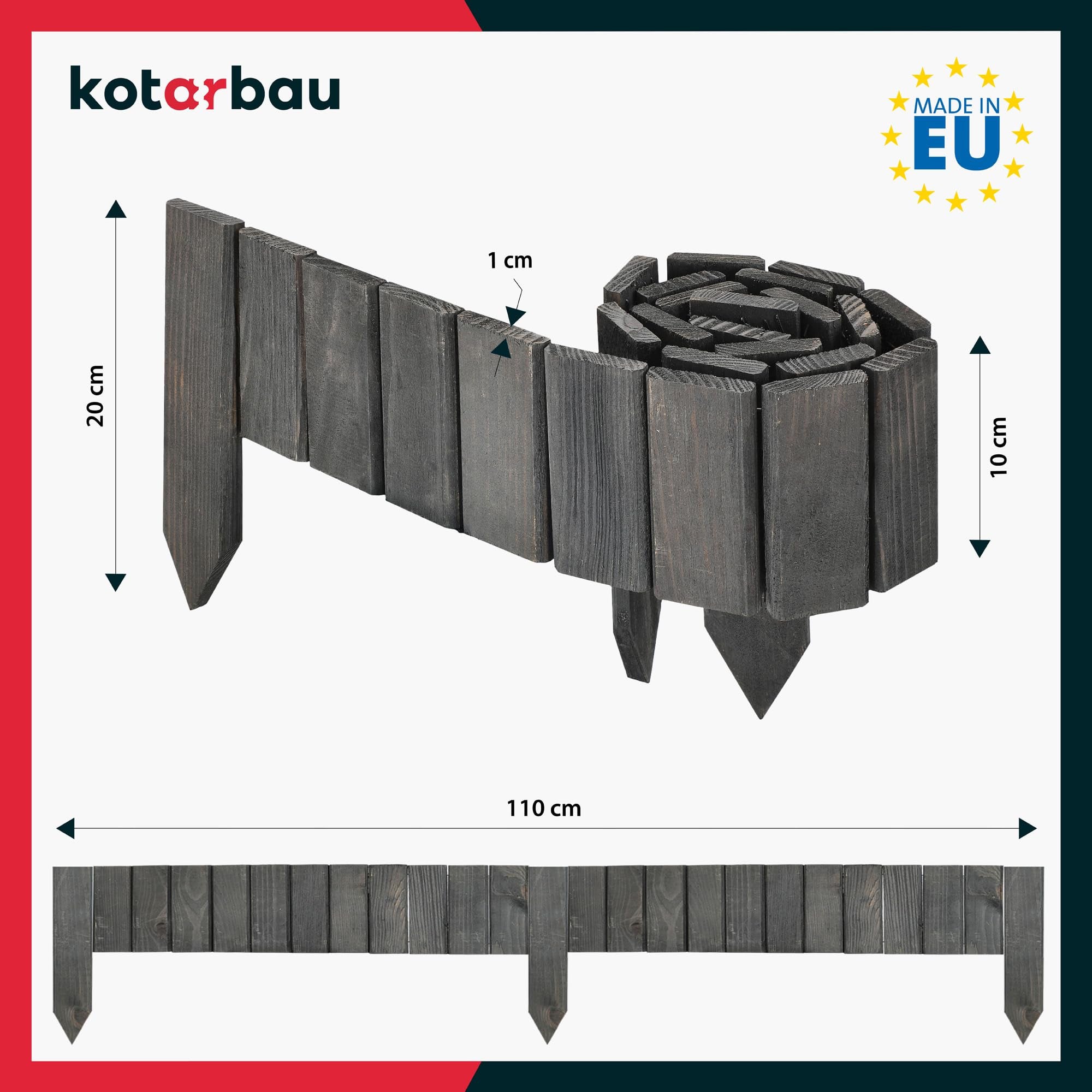 Płotek Ogrodowy Wbijany - 110 X 10 CM - Obrzeże Trawnika - Płot Drewniany - Palisada - Antracyt KOTARBAU - 3