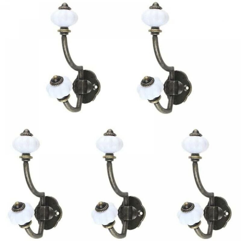 Zestaw 5 zabytkowych, ceramicznych haczyków łazienkowych w kolorze brązowym, w stylu wiejskim.
