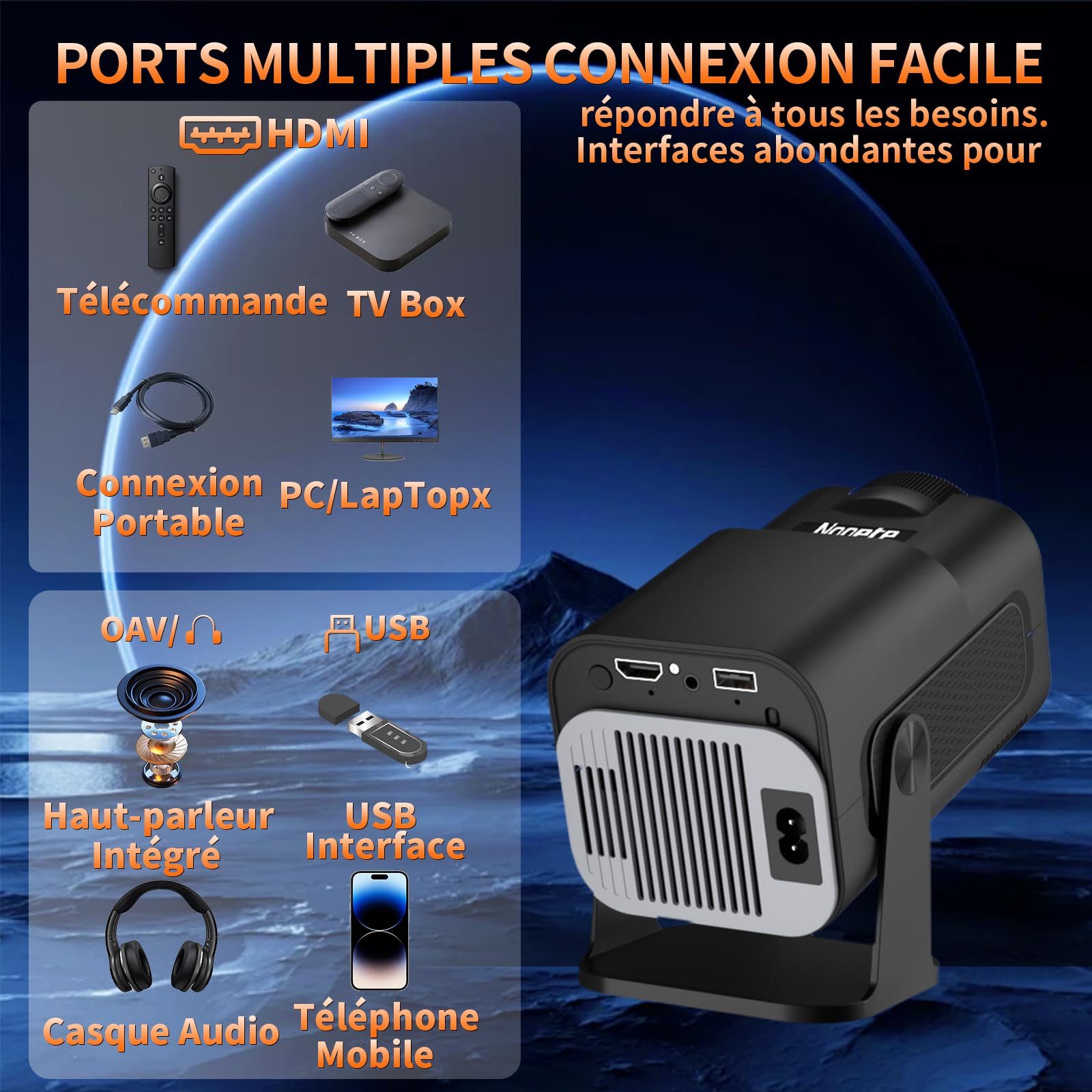 Vidéoprojecteur 1080P FHD,WiFi 6, Portable Projecteur 4k Dual Contrôle avec Supporté 270° Rotation Android TV/USB/PC - 4