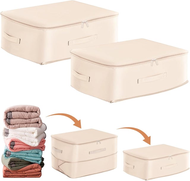 Lot de 2 Organisateur Auto-compression Ultra Peu Encombrants, Sacs de Rangement pour Couettes, Sac de Compression Voyage Empilable (Beige,52x42x30CM)