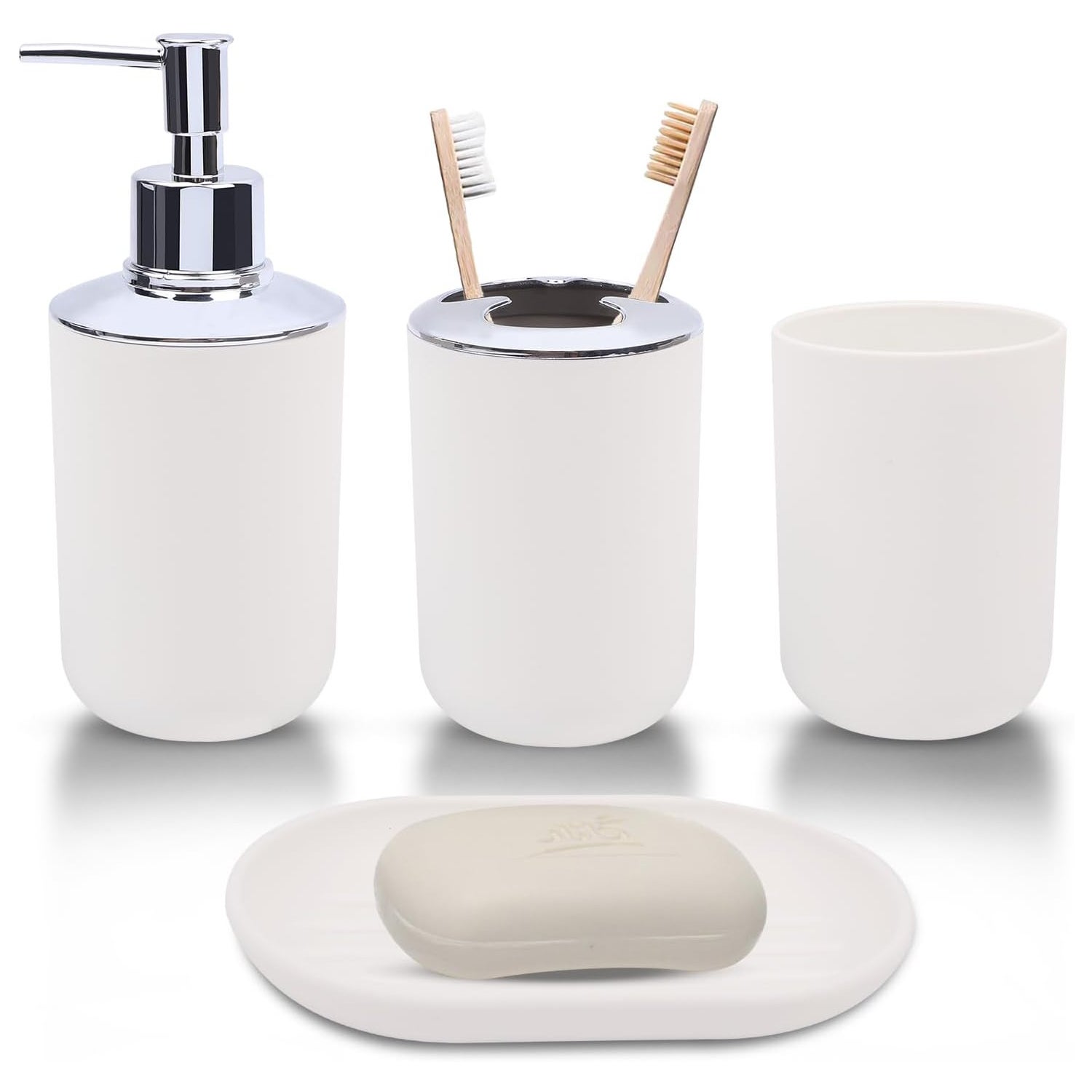 FEILANDUO Set di accessori da bagno, 4 accessori da bagno in vetro, decorazione per il bagno, dispenser di sapone, portaspazzolino, barattolo da farmacia, regalo per appartamento domestico (rosa