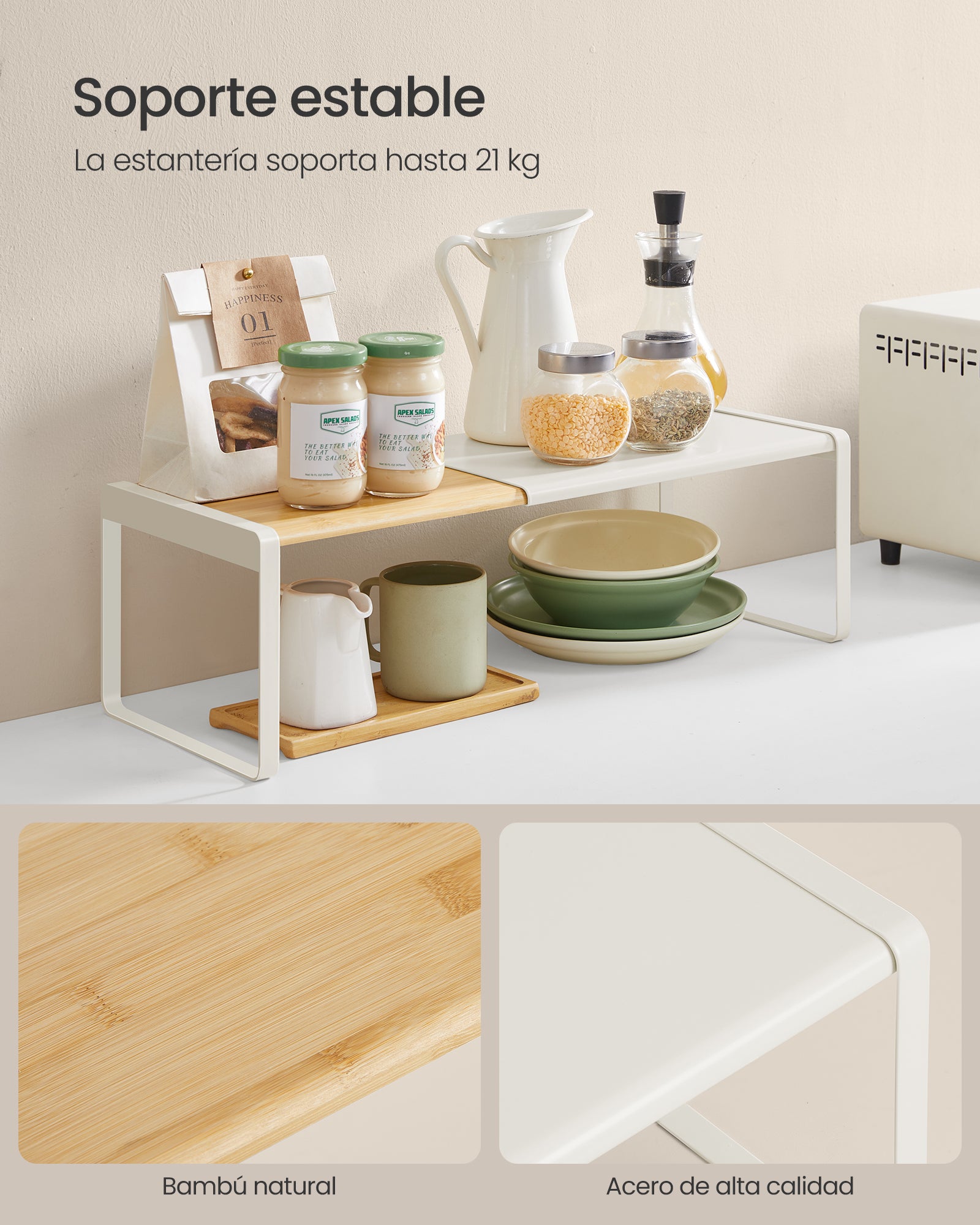 Especiero Extensible, Juego de 2, Organizador de Cocina, Estante Apilable, Beige y Blanco - 4