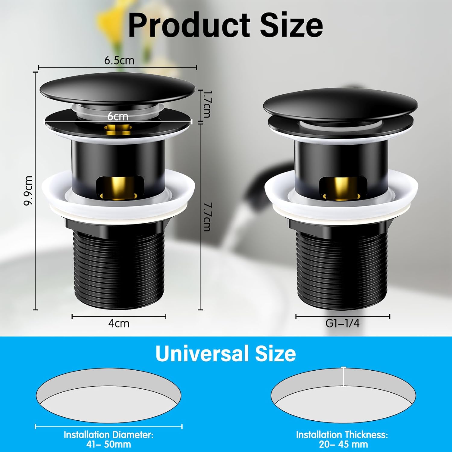 Bonde de Lavabo Bonde Pop-up avec Trop-plein Automatique Universelle Noir Vasque Baignoire Salle de Bain - 2