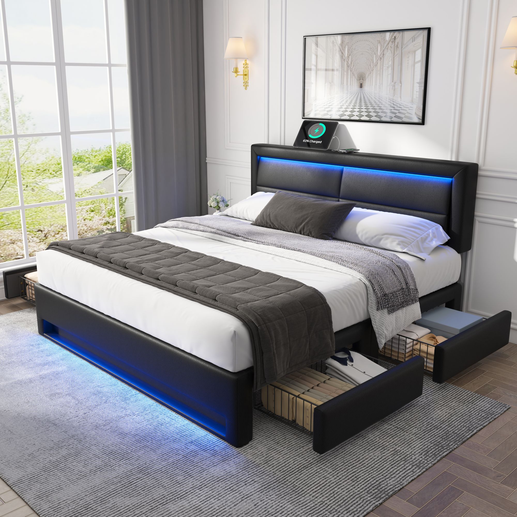 Łóżko podwójne 140x190 cm z ekoskóry z LED - 4 szuflady - z portami ładowania (przewodowym i bezprzewodowym) - Czarne - 2