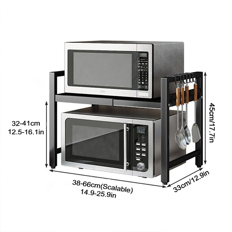 Étagère de Cuisine 2 Niveaux Structure Noireavec 6 crochets – Rangement Micro-ondes et Appareils Multifonction Renforcé - 40-64 cm - 4