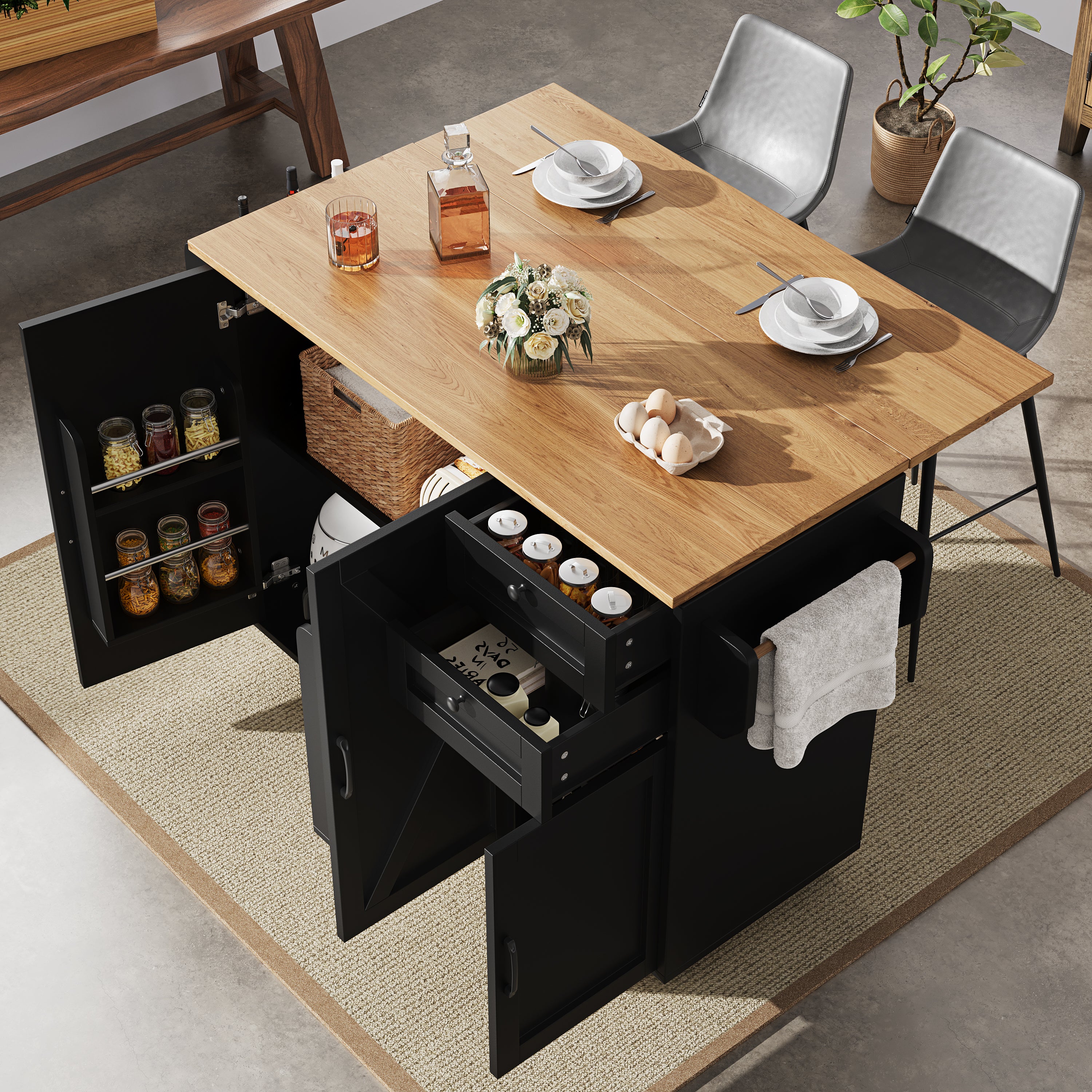 Carrito cocina 120×71×92 cm negro con mesa plegable, múltiples estantes, cajones y ruedas con freno – mdf madera