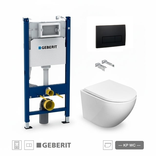 Pack Bastidor GEBERIT Duofix com Autoclismo Delta, Placa Delta 50 Preta Mate e Sanita Suspensa Round Smart 52 cm Tornado 3.0