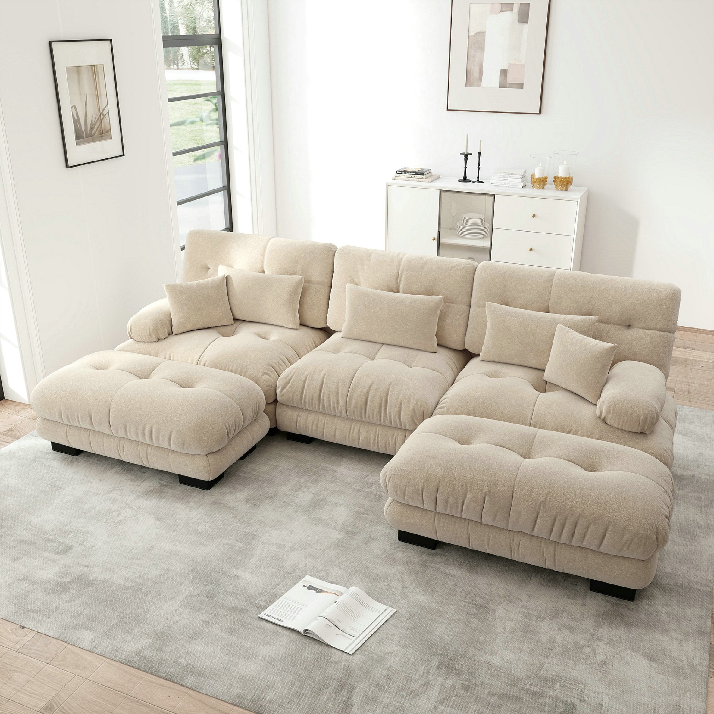 Canapé D'angle Modulaire Luxe En Velours Côtelé Chenille - Canapé Nuage Profond Avec Pouf - Gris, 3 Places - Pour Salon Confortable
