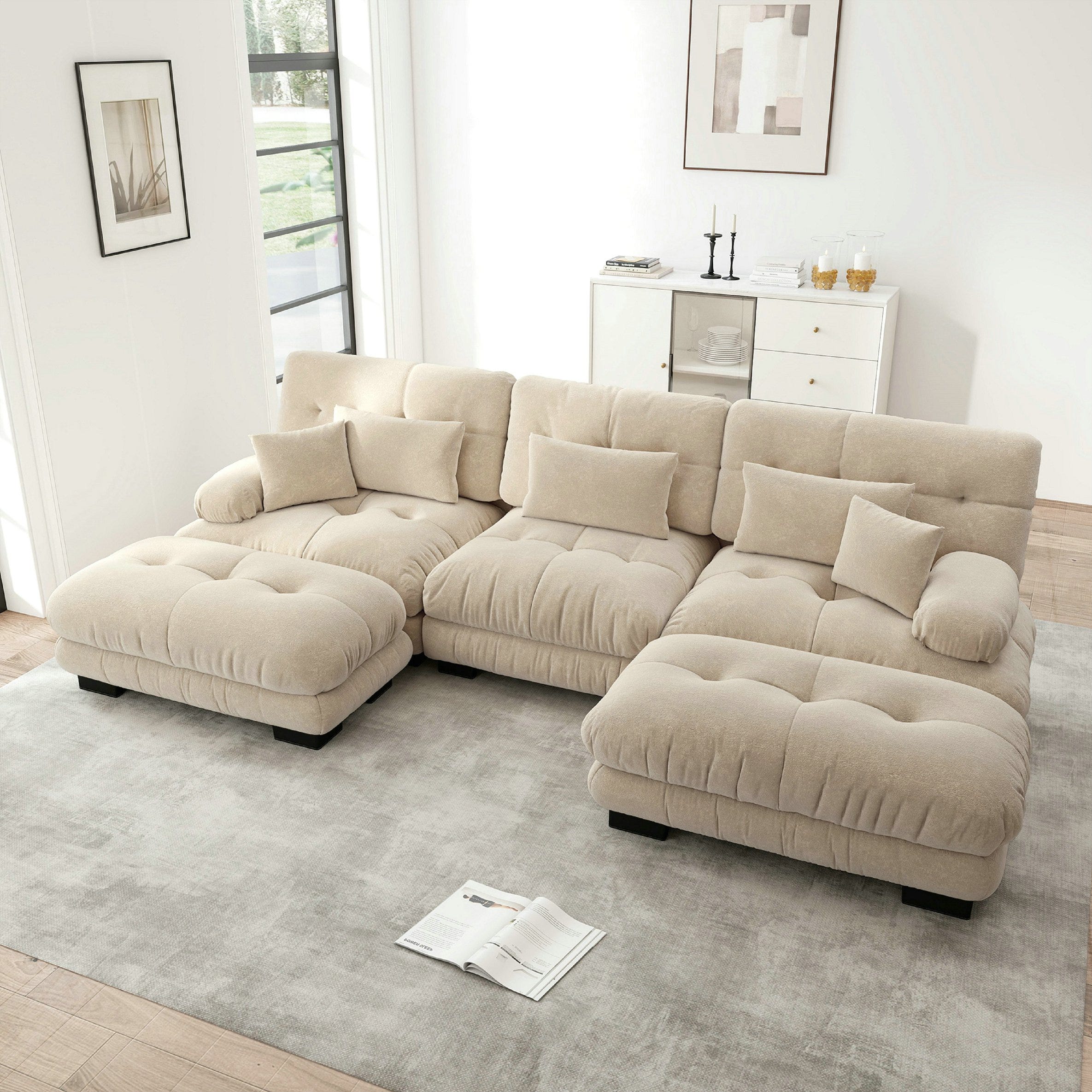 Canapé D'angle Modulaire Luxe En Velours Côtelé Chenille - Canapé Nuage Profond Avec Pouf - Gris, 3 Places - Pour Salon Confortable
