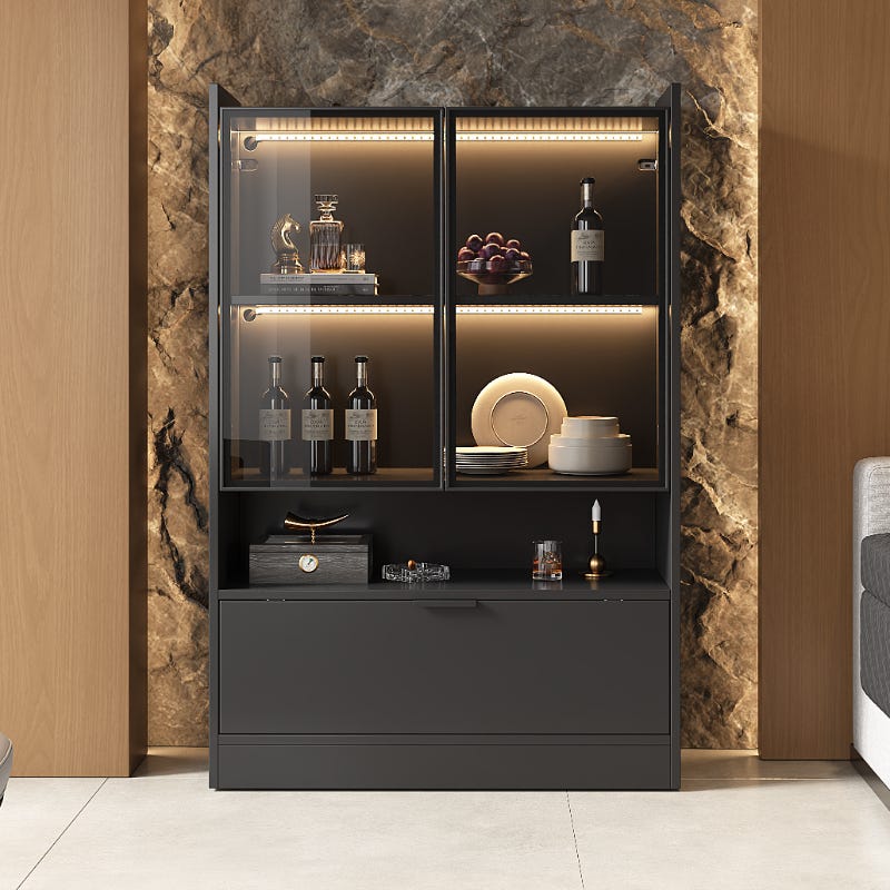 Armadio Multifunzione Alto 160 Cm Con Vetrina LED E Cassetto | Libreria E Vetrina Combinata, 1 Anta, 1 Cassetto Laterale, Con Ruote, In MDF Bianco