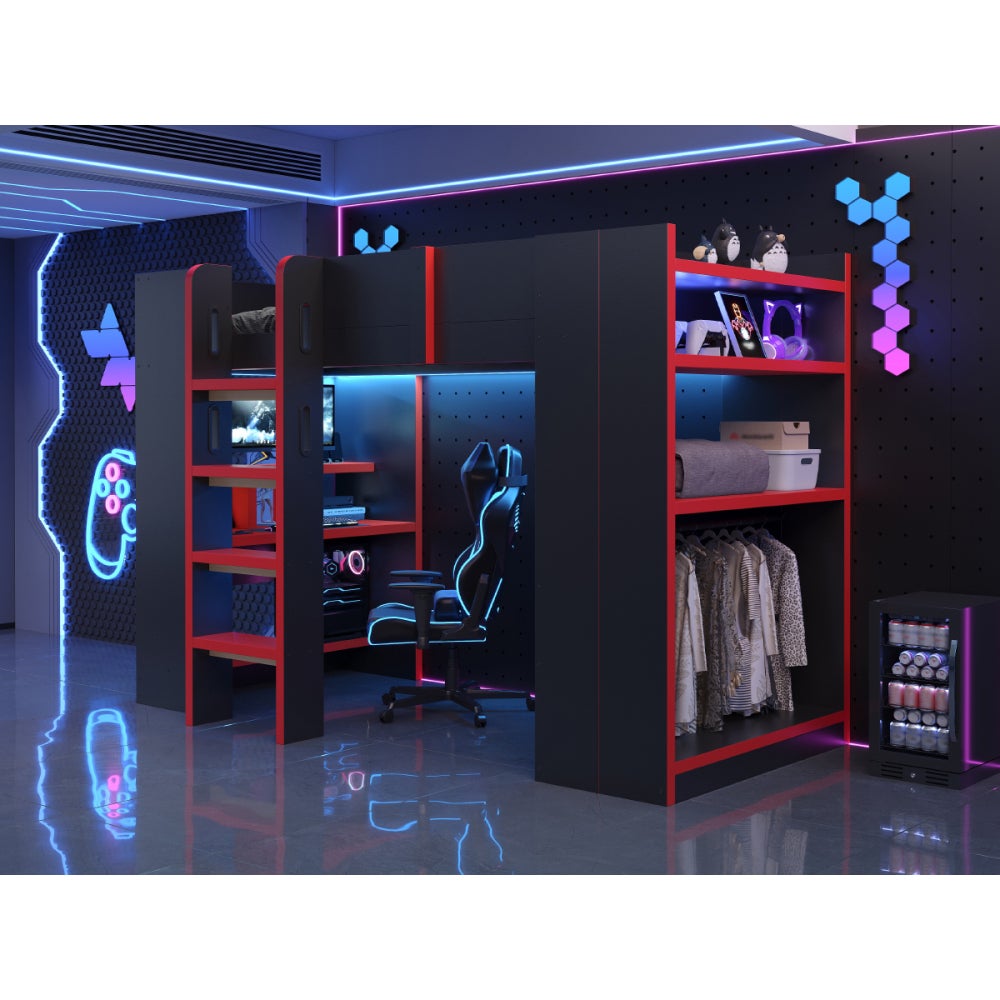 Lit mezzanine multifonction 90x200 cm noir et rouge avec bureau ...