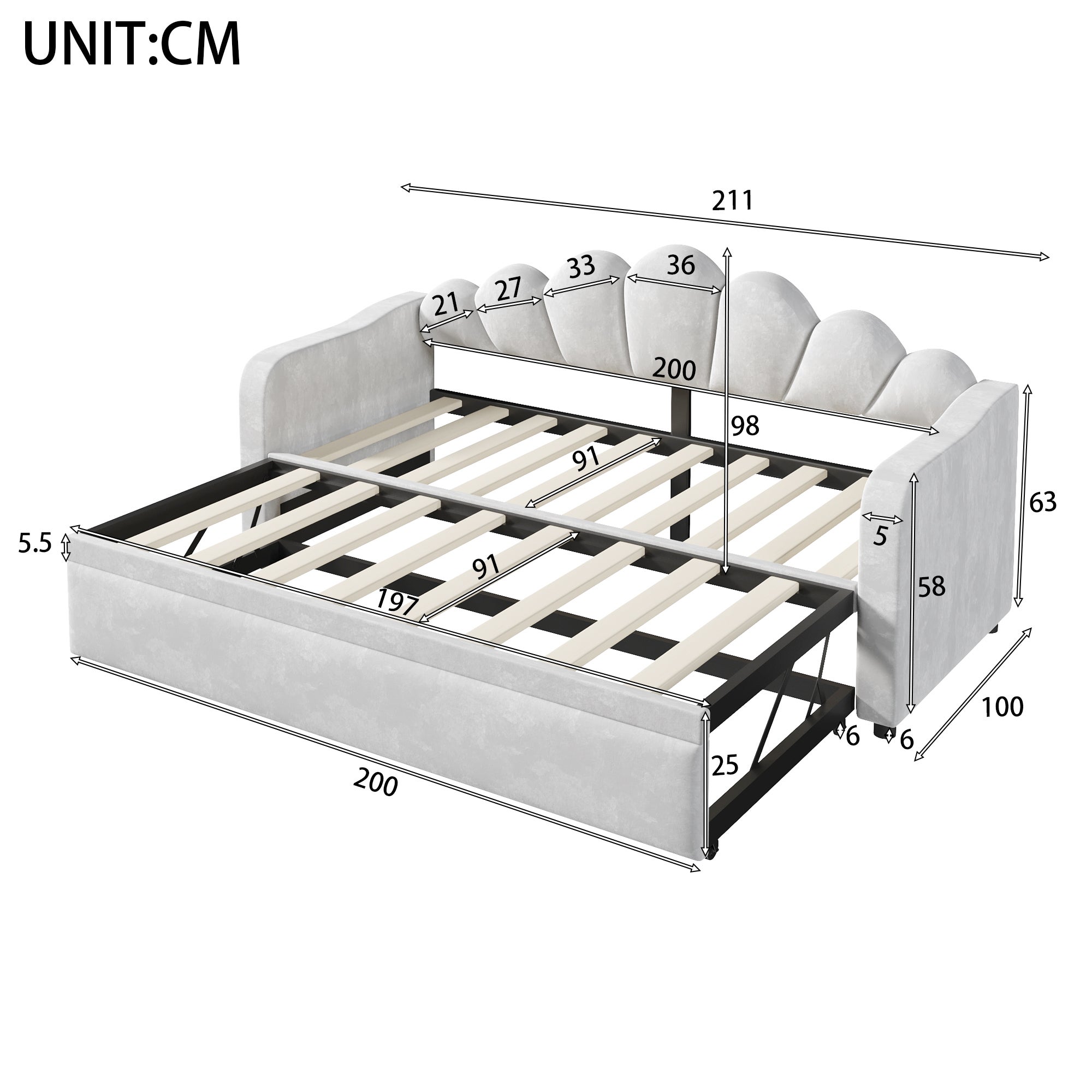 Łóżko wysuwane 90 x 200 cm z zagłówkiem i oświetleniem LED - MDF, sklejka i aksamit - 10 listew - Szare (Materac nie jest wliczony w cenę) - 5