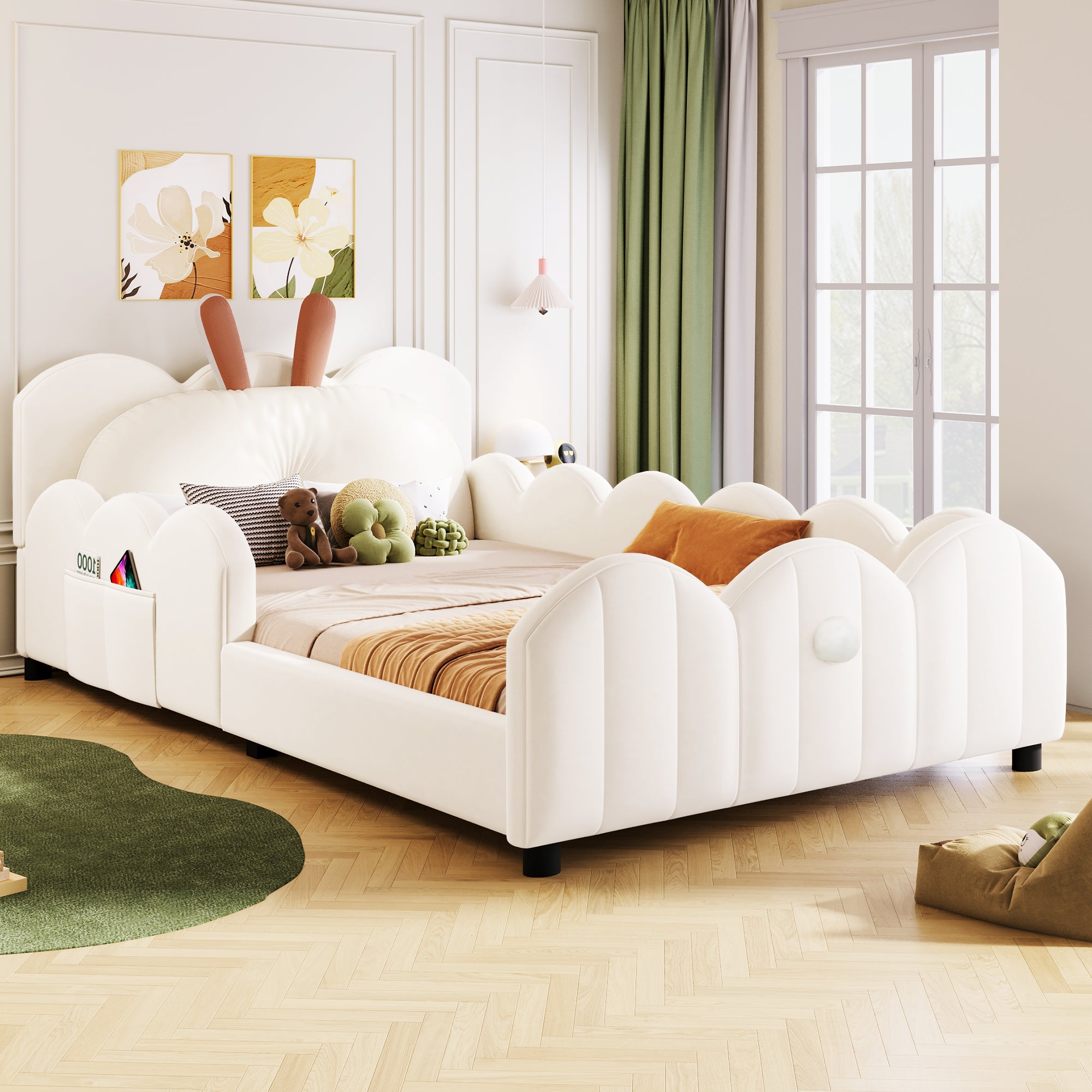 Łóżko tapicerowane dziecięce 90x200 cm - Poduszki w kształcie króliczka - Z barierkami - Z podstawą z listew - Płyta MDF + aksamit - Beż - 2