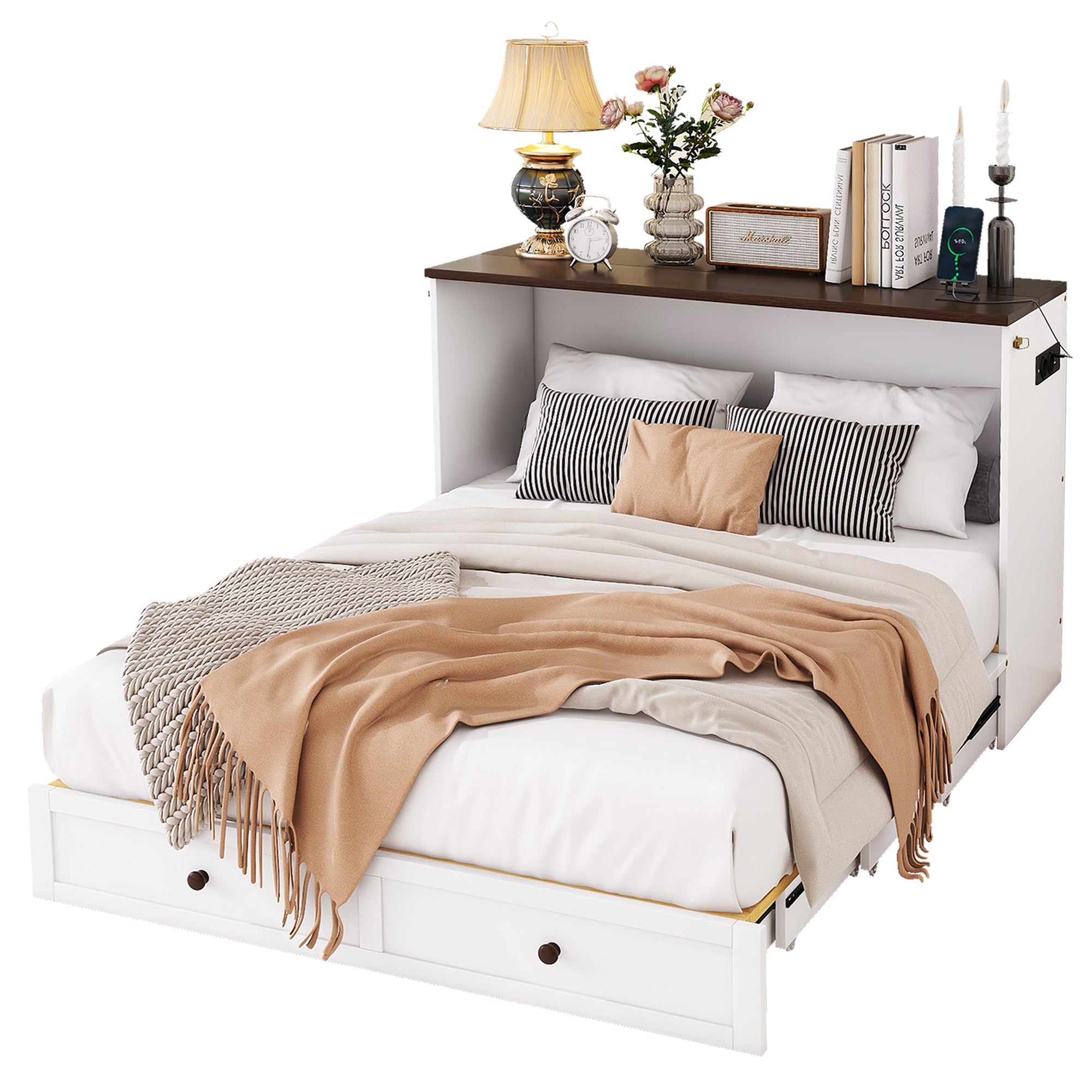 Lit escamotable 140 x 200 cm avec 2 tiroirs et étagère en tête de lit - Bois de pin et MDF - Prise USB - Blanc - 6