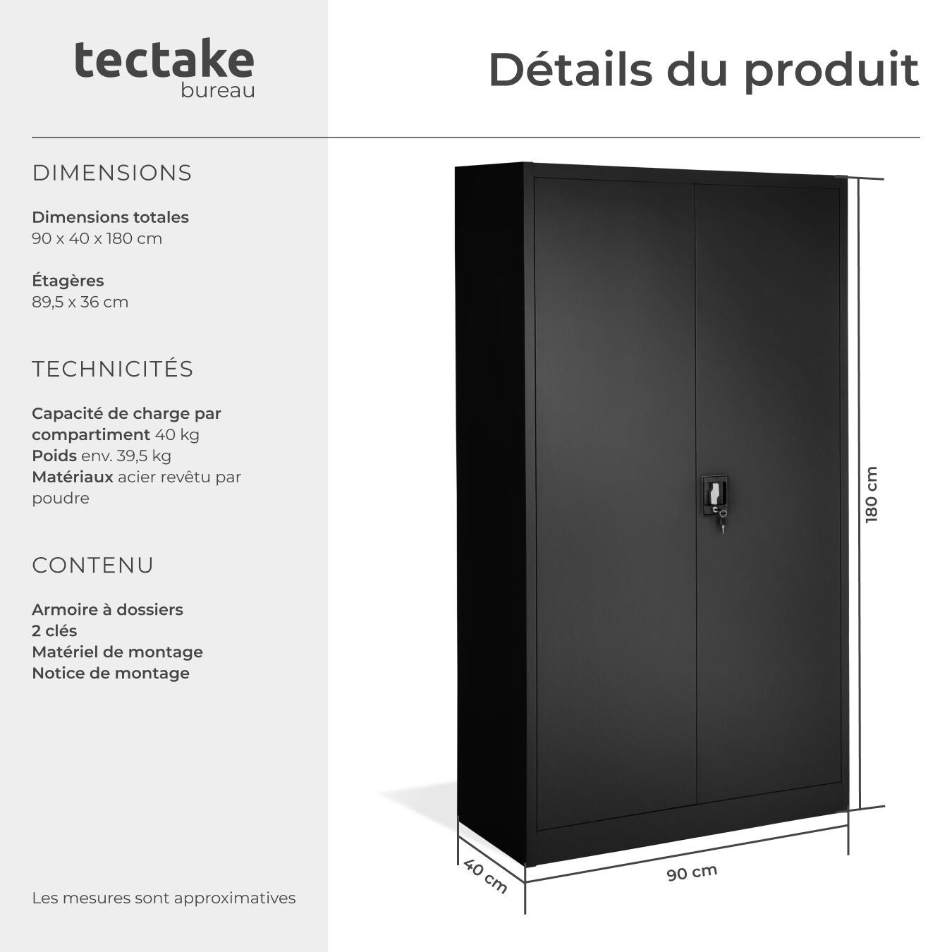 Armoire en métal verrouillable, étagères réglables, noir 180 x 90 x 40 cm TECTAKE - 6