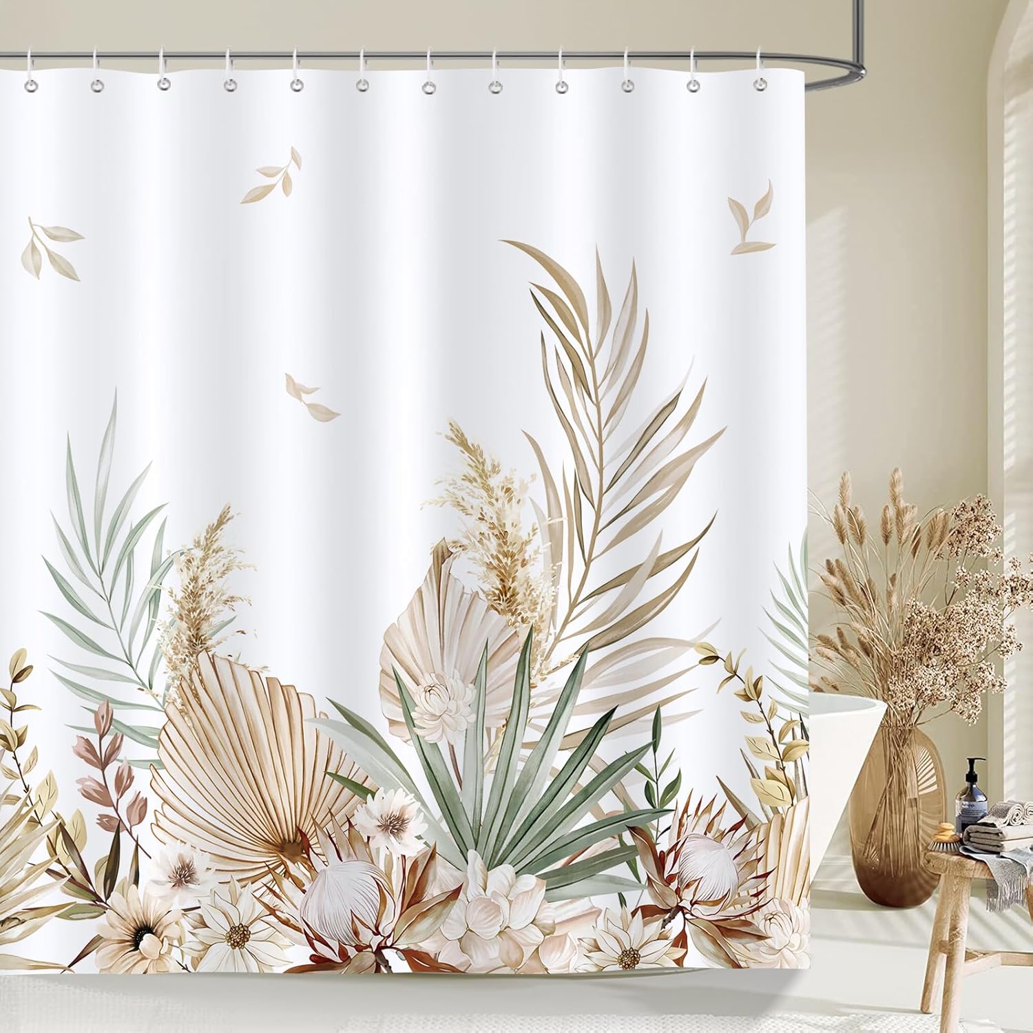 Zasłona prysznicowa Boho z liśćmi palm i kwiatami – wodoodporna, zmywalna, antypleśniowa tkanina poliestrowa do łazienki – 180 x 180 cm