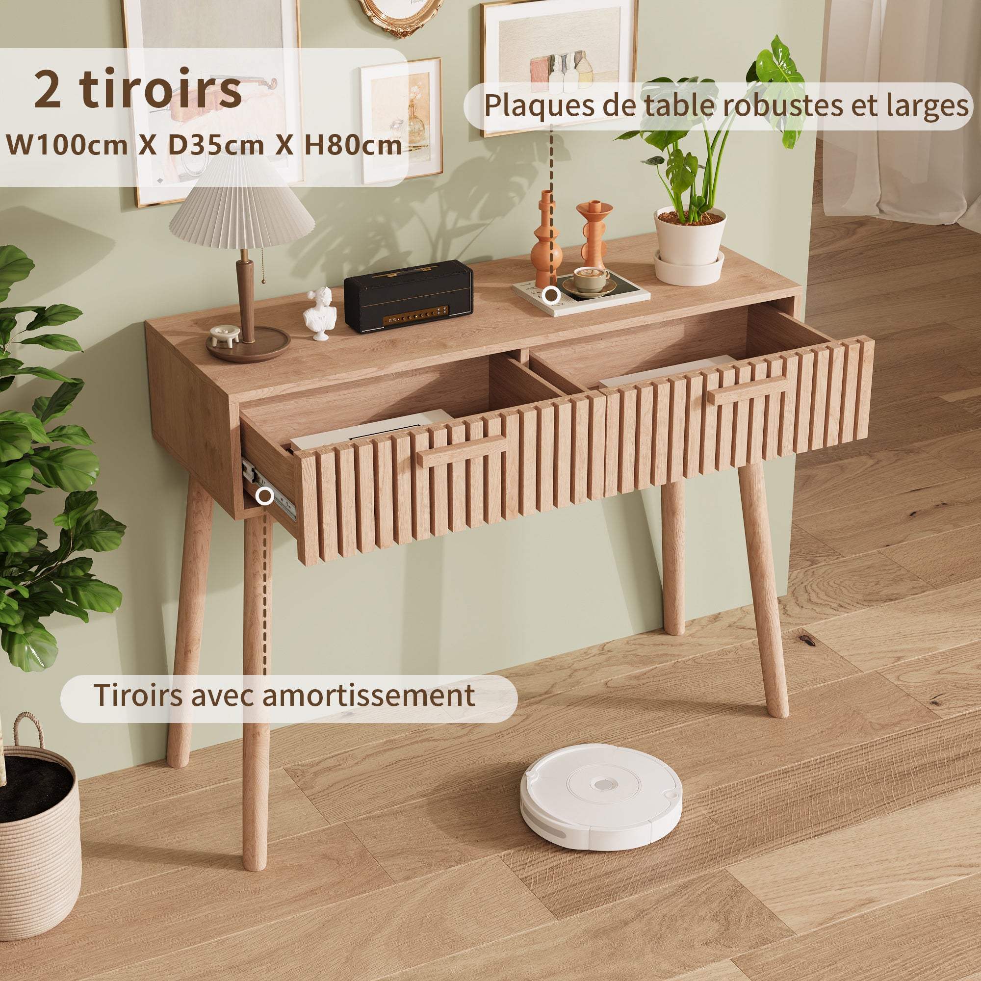 Console en Bois avec 2 Tiroirs pour Salon ou Entrée, Style naturel, Table Console, Table d’Appoint, 100x35x80cm - 6