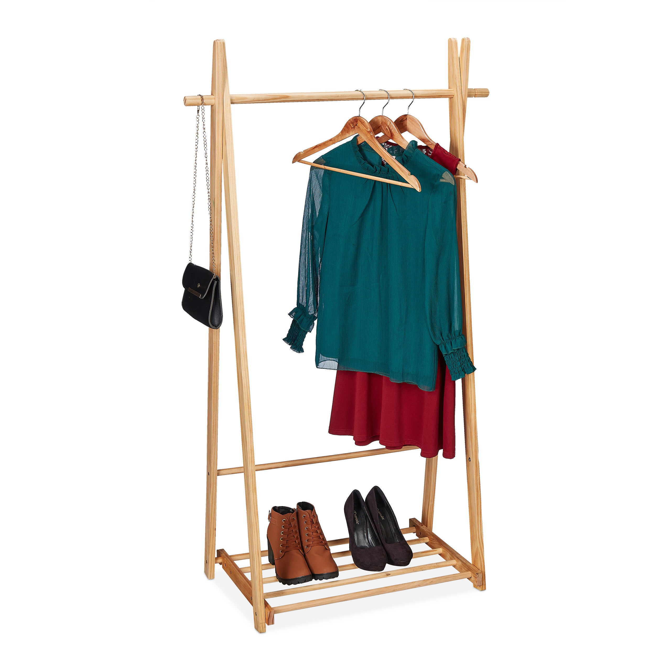 Appendiabiti In Legno Di Faggio Naturale Pieghevole Con Ripiano E Barra Pantaloni | Struttura A A Stabile | 4 Lunghezze Disponibili