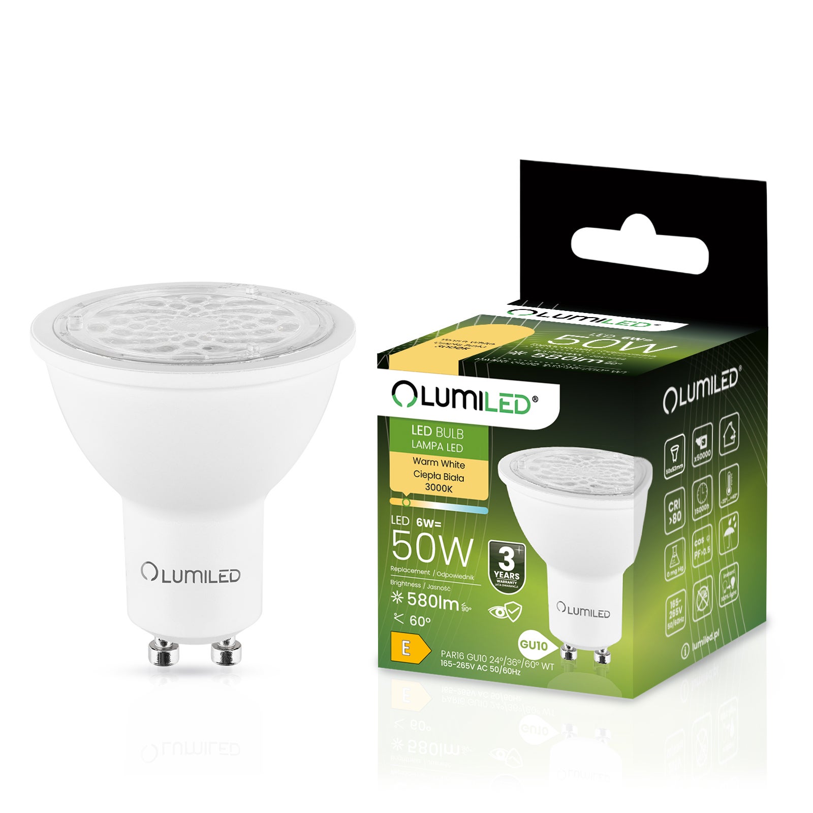Żarówka LED Lumiled GU10 Reflektor PAR16 6W 580lm 3000K Ciepła biel 24st 36st 60st 1 szt.