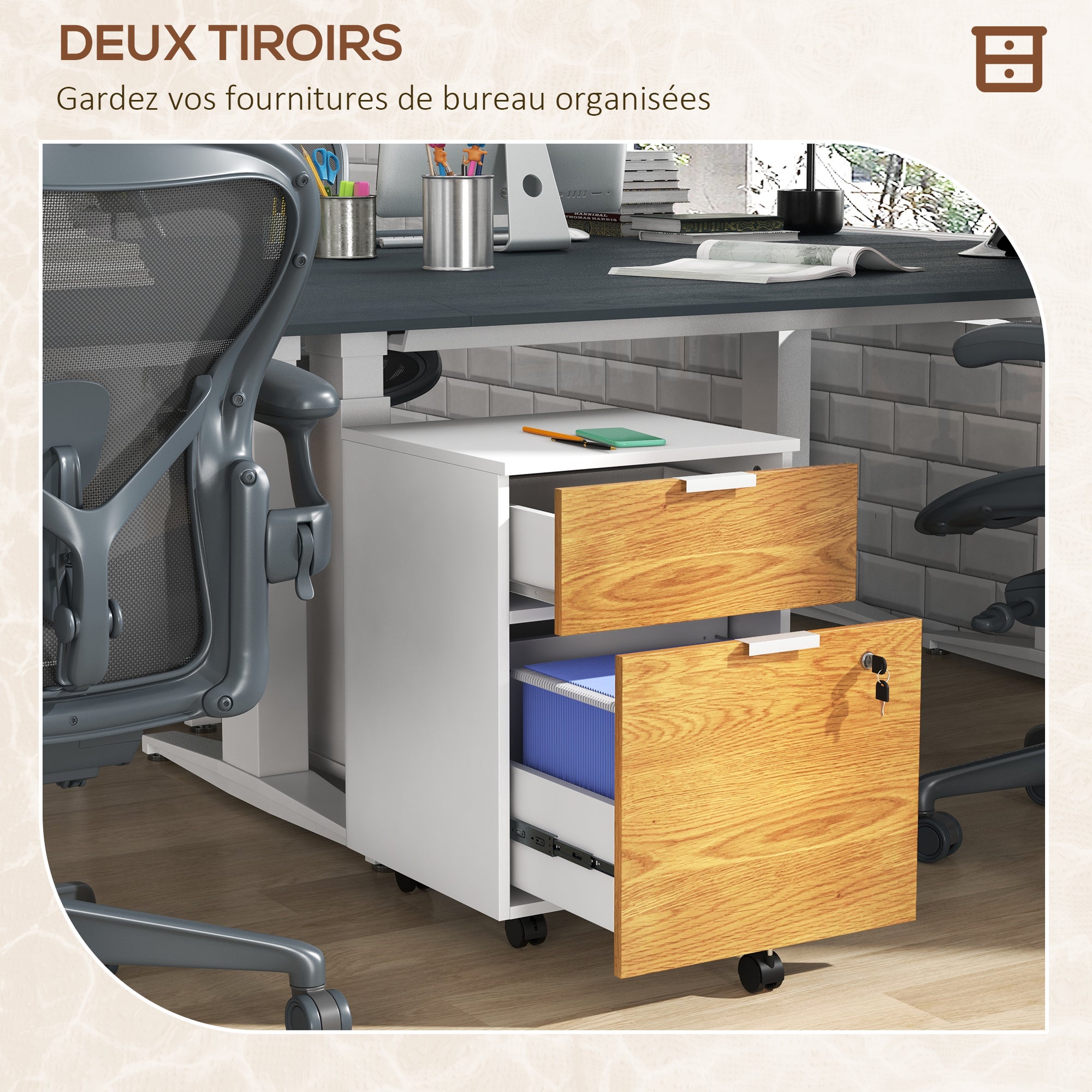 Caisson de bureau, meuble de rangement 2 tiroirs 2 barres pour dossier suspendu, verrouillable avec 2 clés 42x40x60 cm - 5