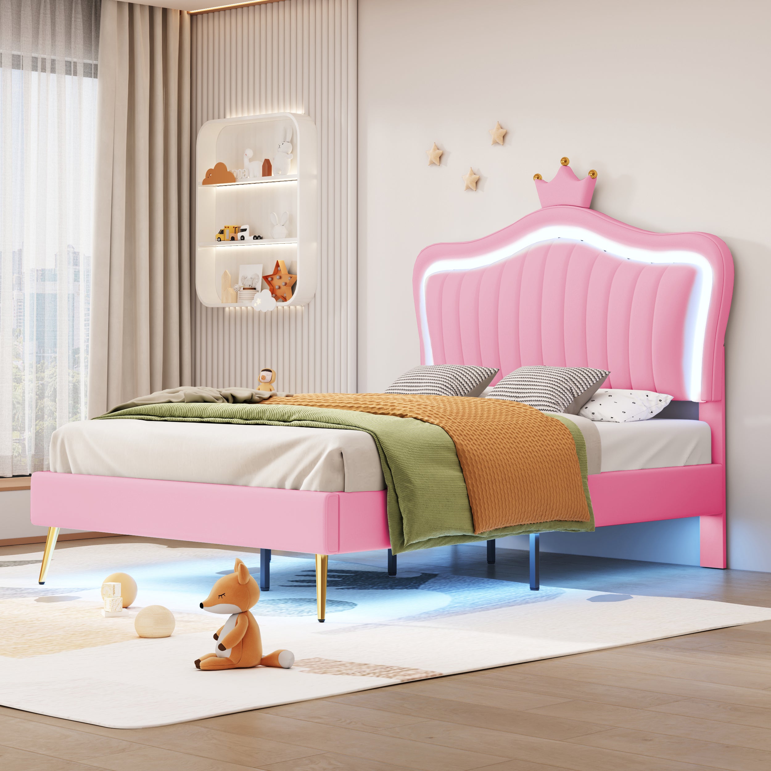 Lit Capitonné 90x200 Cm Avec Tête De Lit Couronne LED - Lit Fille Princesse, Sommier Lattes Bois, Velours Rose