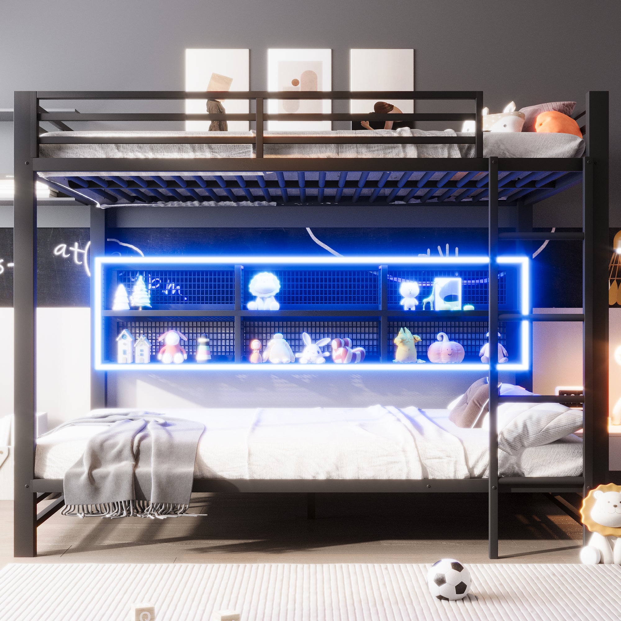 Lit Mezzanine 2 Place avec LED, Lit Superposé Enfant 140x200 avec 6 rangements latéraux offrent Un Espace de Rangement,Noir(Sans Matelas) - 5