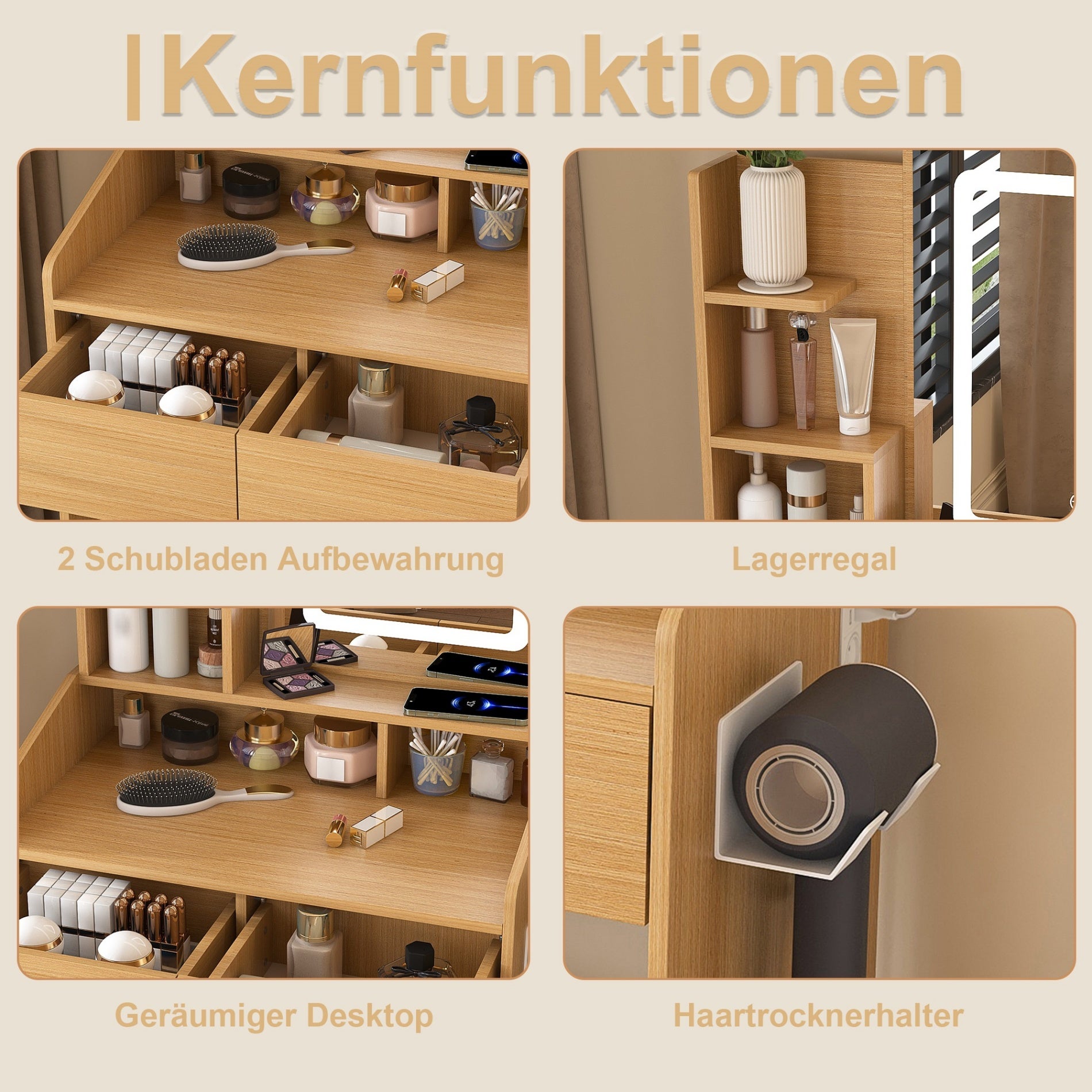Coiffeuse avec miroir éclairé par LED, support pour sèche-cheveux et tabouret rembourré – Table compacte,L60 × H130 × P36 cm, finition bois naturel - 9