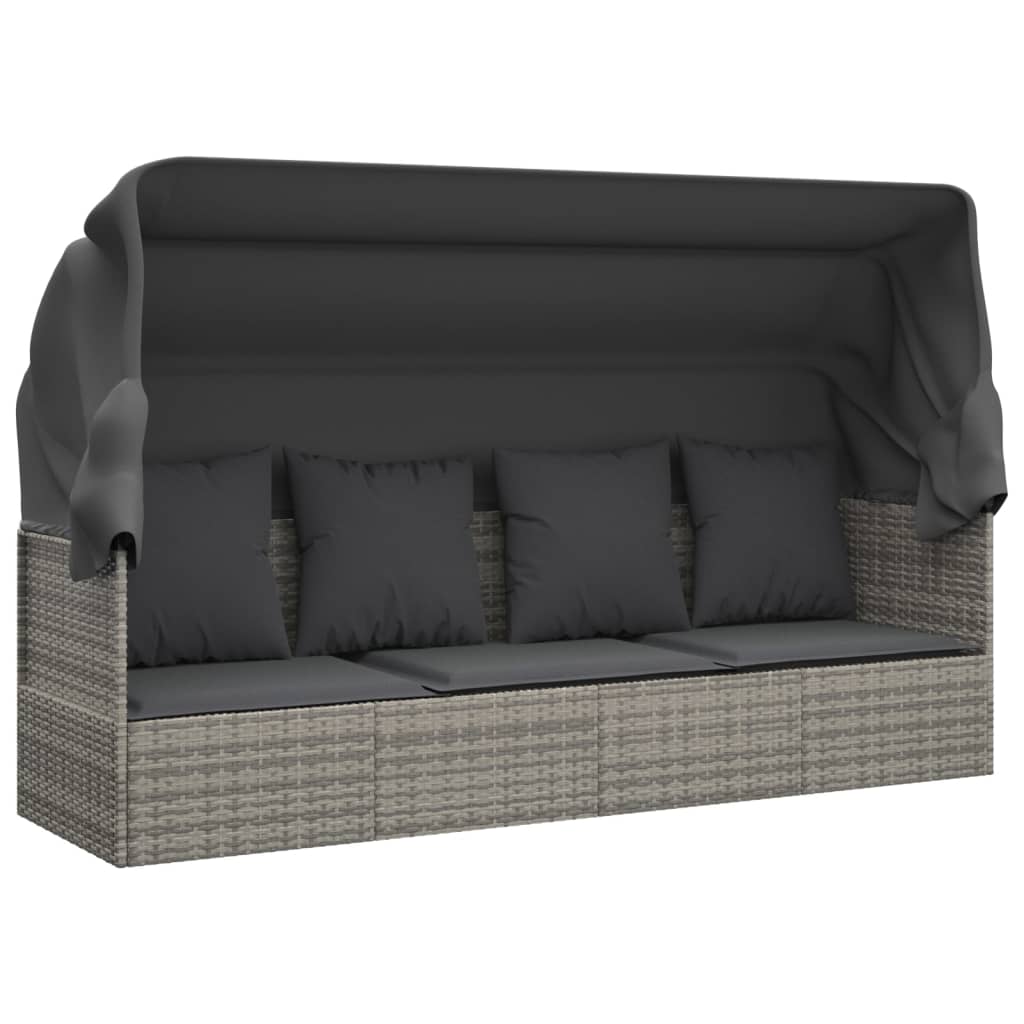 vidaXL Lit de salon d'extérieur toit et coussins Gris Résine tressée - 2