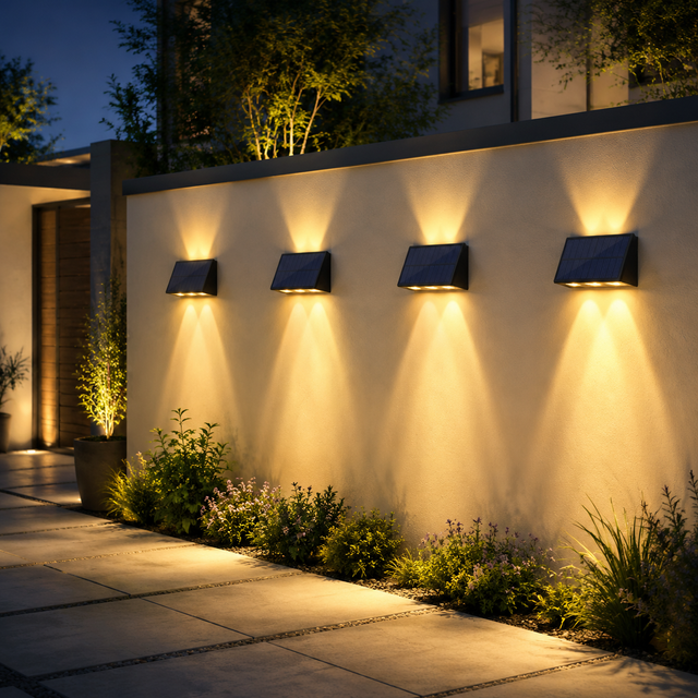 NETTLIFE Lot de 4 Appliques Murales Solaires Extérieures LED, 2 Modes, 3000K Blanc Chaud, Étanche IP65, Luminaire pour Jardin, Clôture, Balcon, Mur