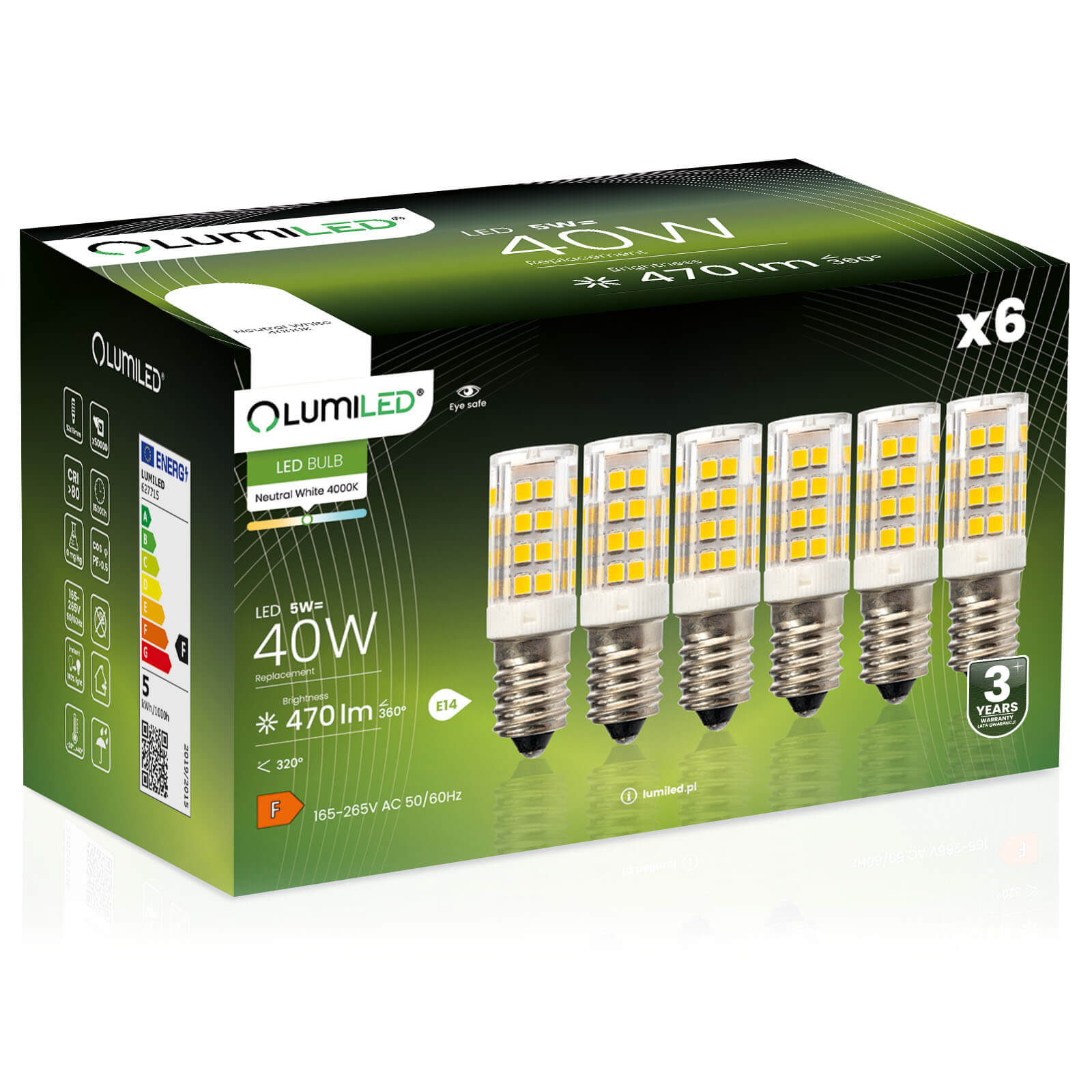 6x Żarówka Lumiled LED E14 Tubularna T25 5W = 40W 470lm 4000K Neutralna 320st