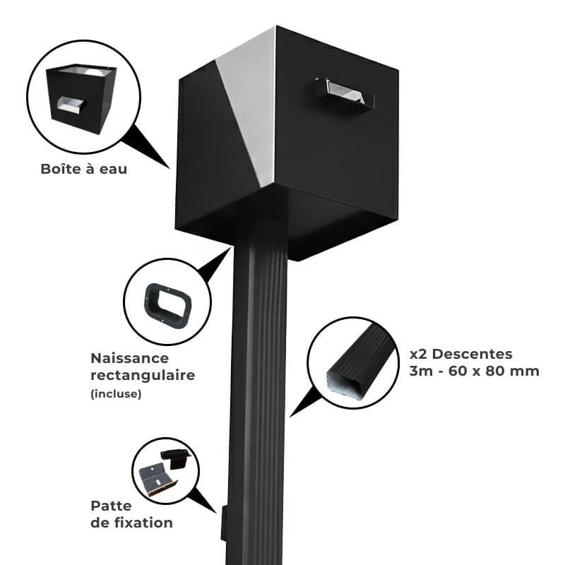 Kit évacuation eaux pluviales aluminium 60×80 mm – boîte à eau + deux descentes 3 m – fixation incluse – maison avec étage – noir foncé - 2