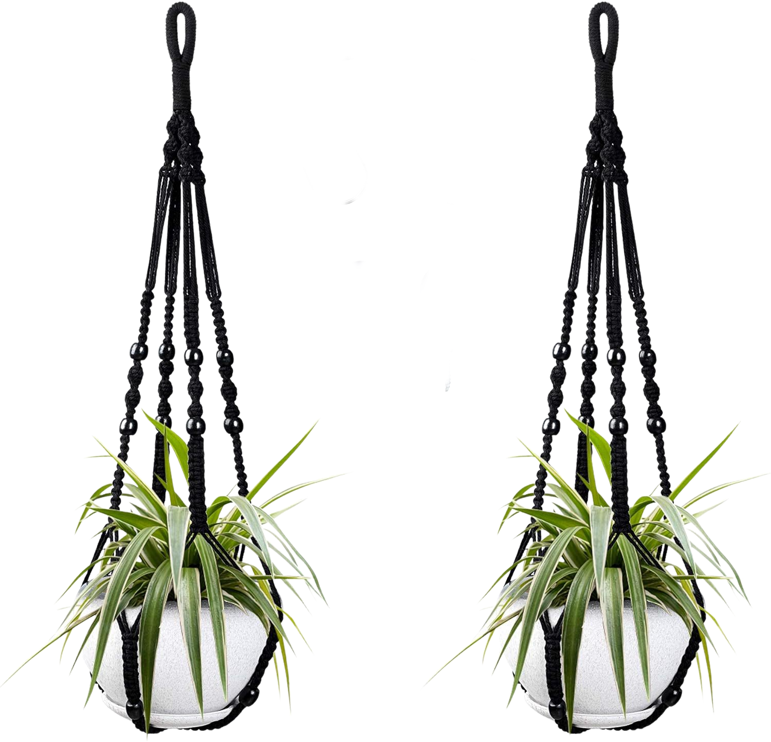 Dwa wiszące kosze na rośliny wykonane z czarnego bawełnianego sznurka, każdy o długości 85 cm, z drewnianymi koralikami, haczyki nie są dołączone.