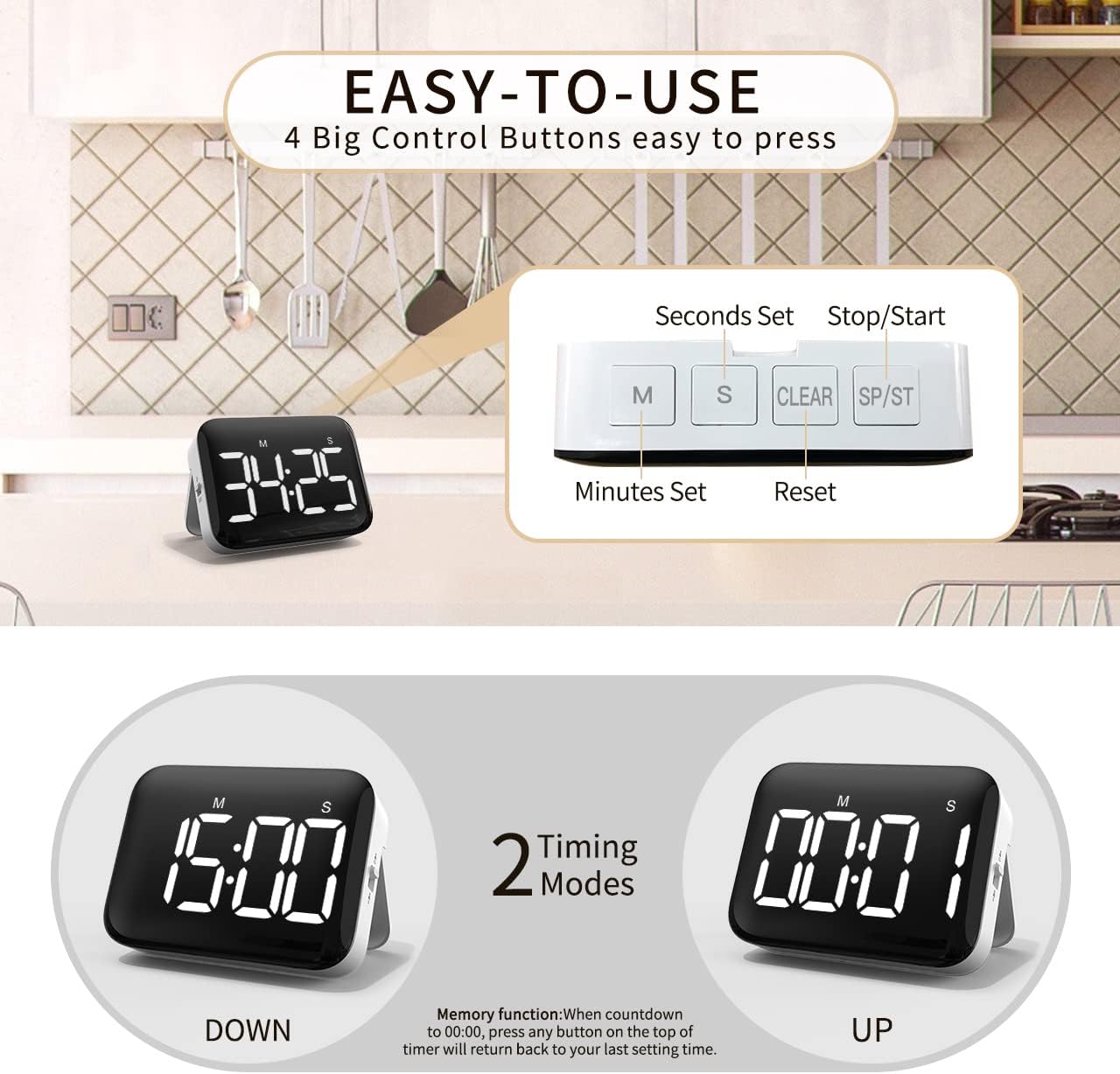Timer da cucina digitale con ampio display LED, timer magnetico con luminosità e suono regolabili, cronometro per bambini e anziani - Batterie inclu - 3