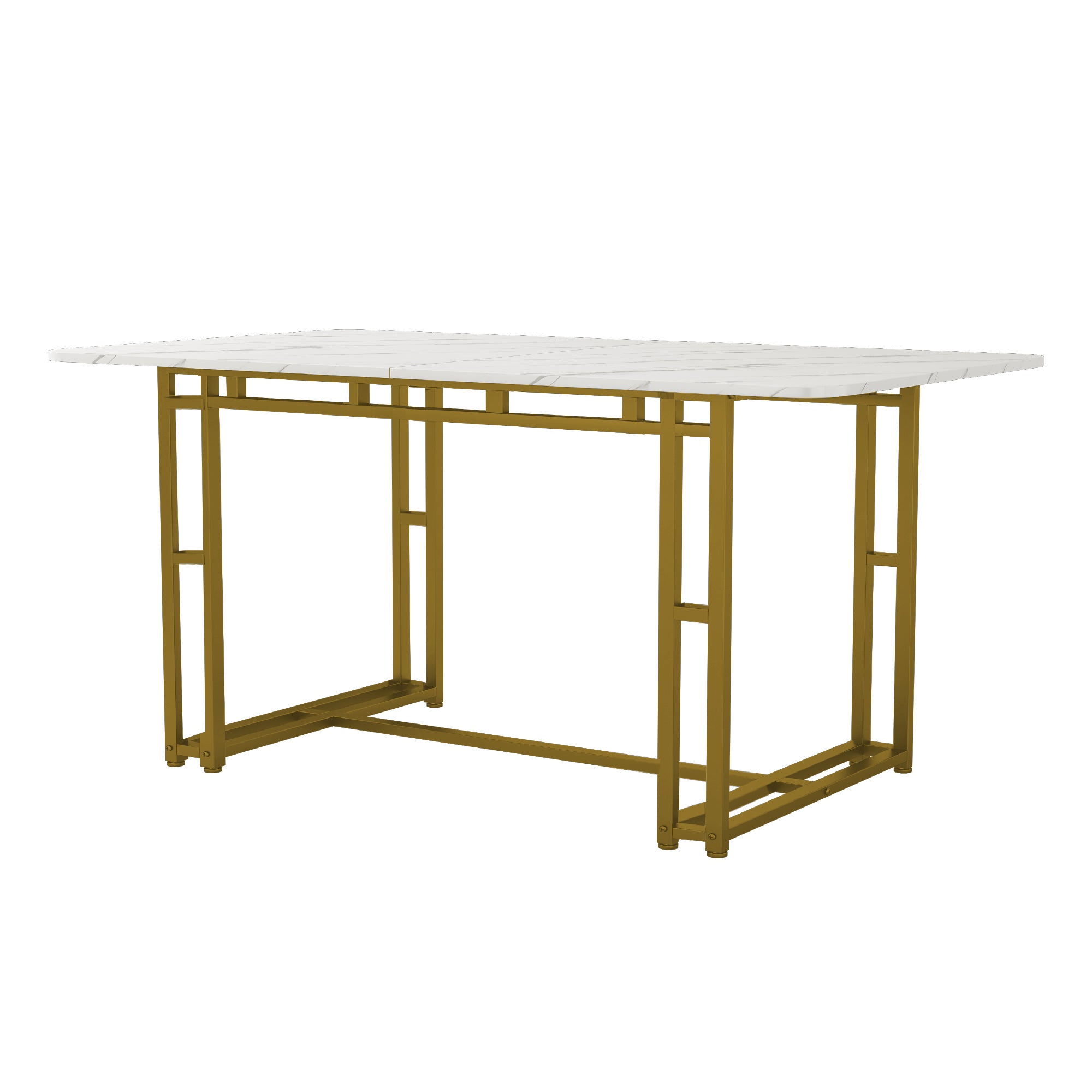 Mesa de comedor para 4 a 6 cubiertos con diseño de mármol - MDF + patas de metal dorado - blanca - 2