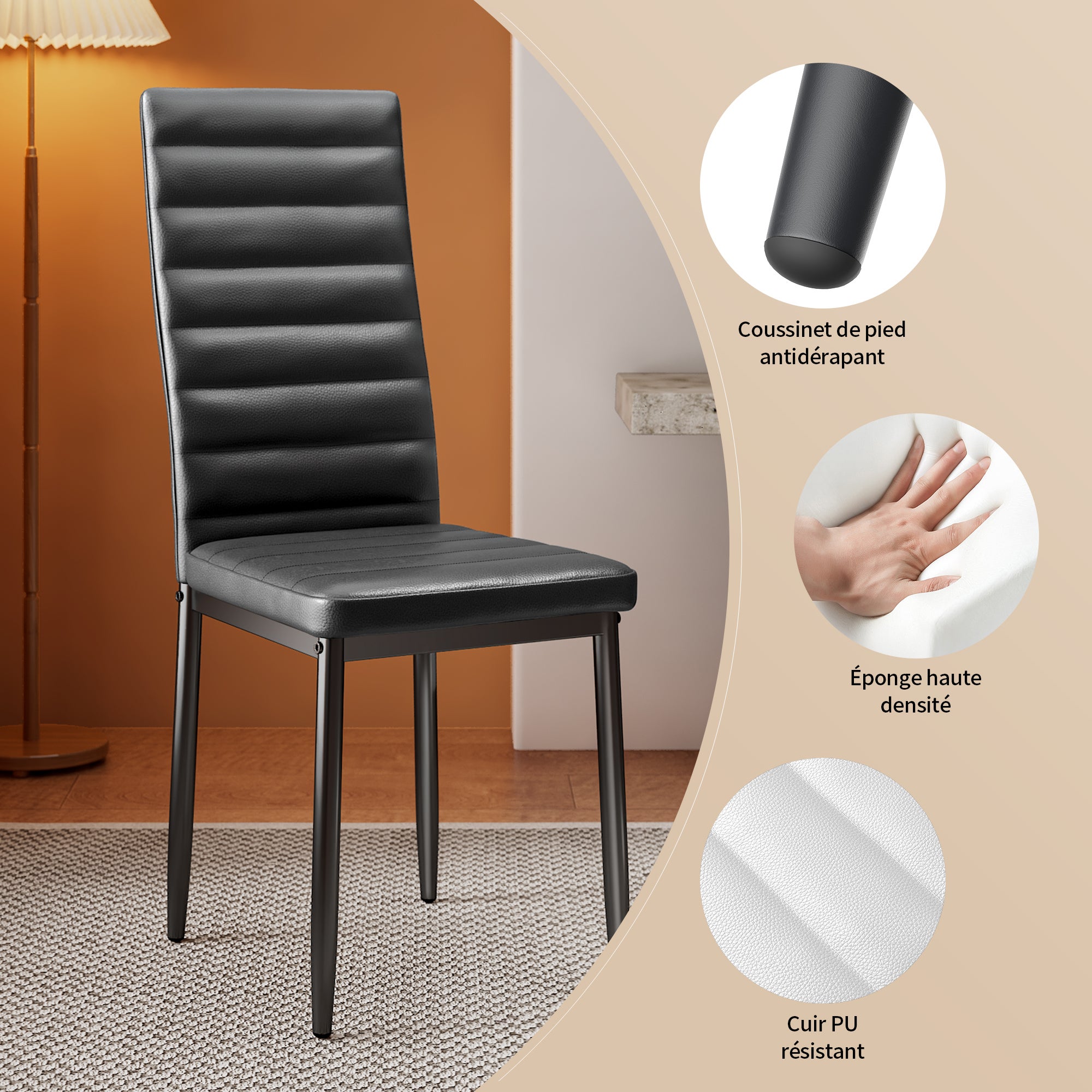 Set di 6 Sedie da Pranzo Moderne con Rivestimento in Pelle PU, Struttura Metallo e Piedini con Gomma Antiscivolo - Nero per Interni Bealife - 4