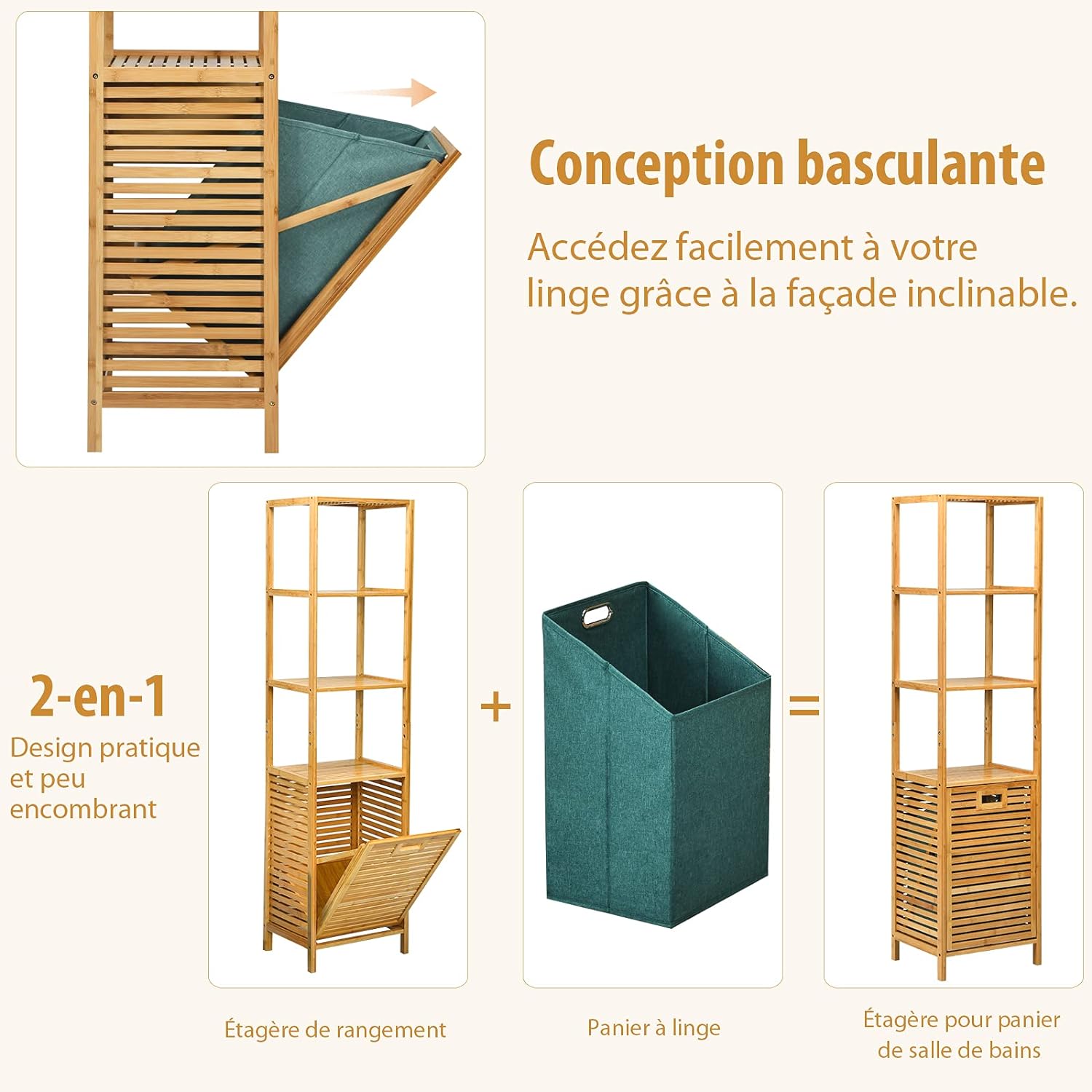 Colonne pour salle de bain avec panier à linge basculant et 3 etagères de rangement meuble - 5