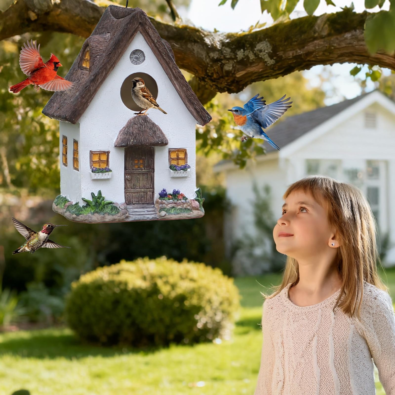 AULEDIO Casa para Aves, Suspensa e Impermeável, Abrigo Durável para Ninhos de Aves Silvestres em Jardins e Quintais (Branca) - 6