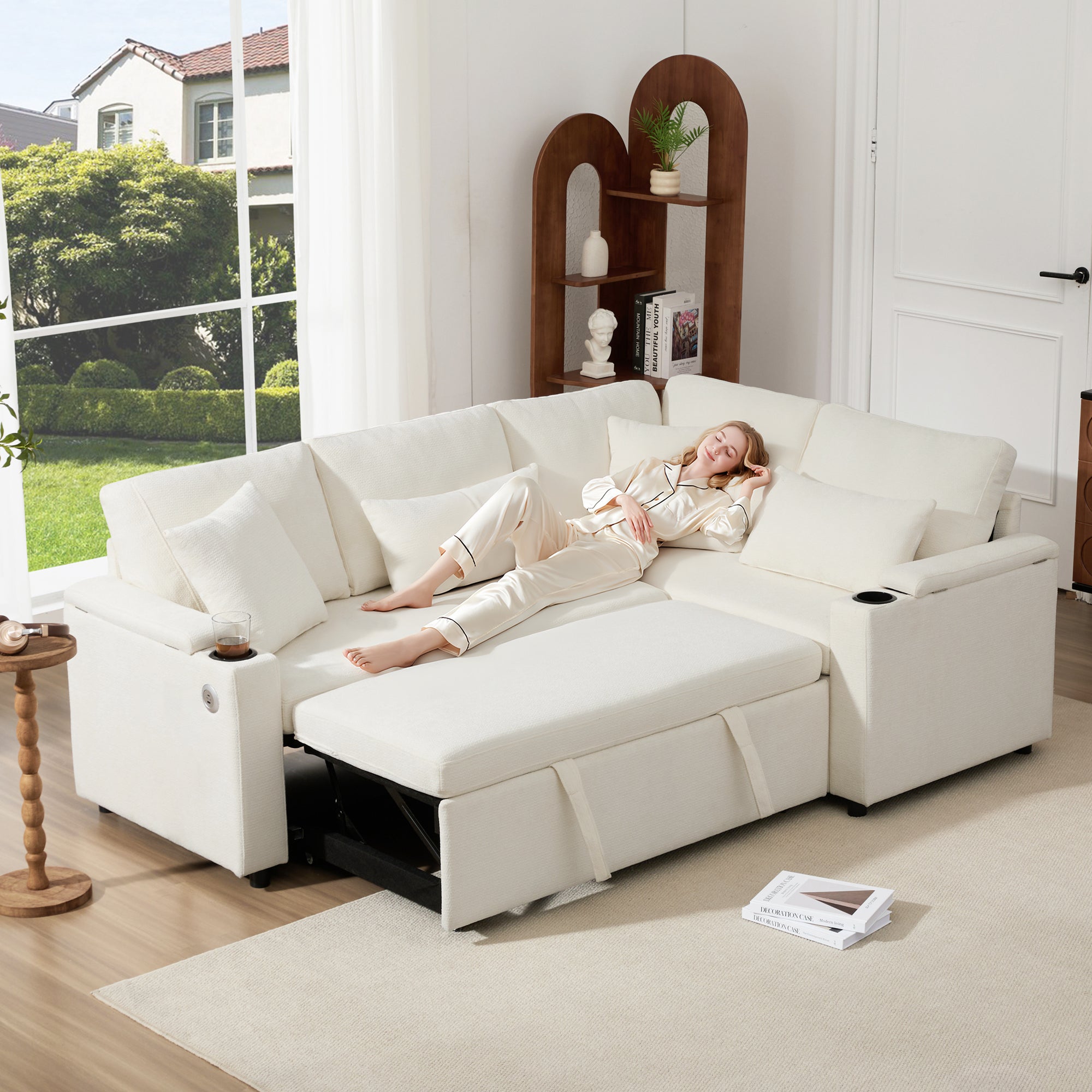 Canapé Modulable L/U En Velours - 5-6 Places, Ports USB, Rangements, Repose-pieds Amovible (Beige)