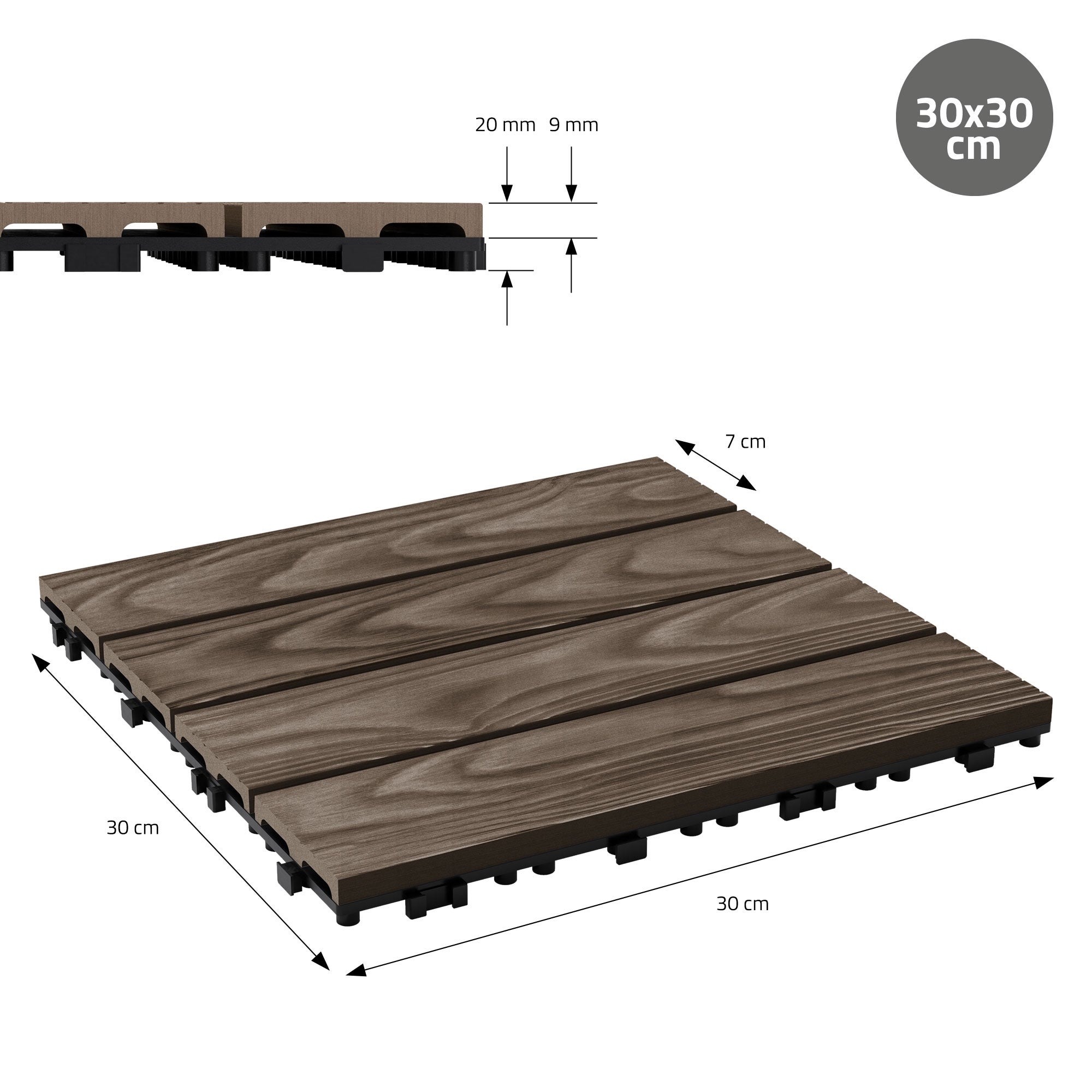 ECD Germany plytki tarasowe wpc 30x30 cm 22 sztuk 2m² kwadratowy ciemnobrazowe panele podłogowe klik odpływ wodny balkon taras ogród patio weranda - 7