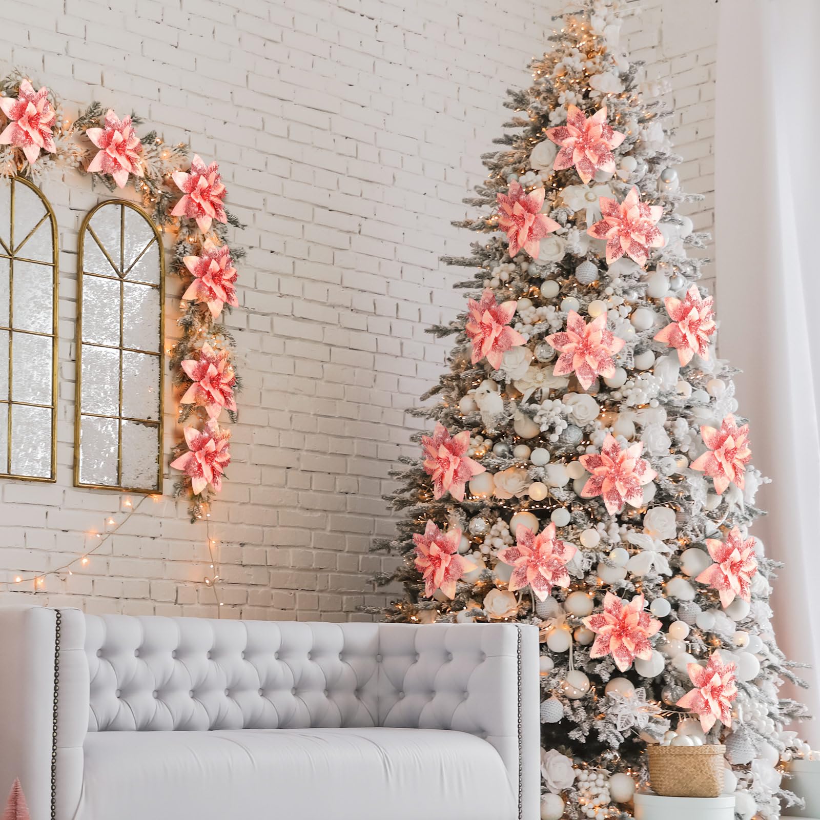Lot de 50 décorations de Noël, fleurs artificielles scintillantes avec clips, décorations pour sapin de Noël, pendentifs de fleurs artificielles - 3