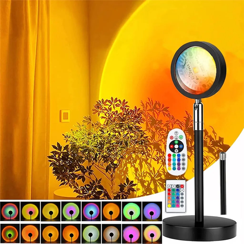 Lampa zachodzącego słońca, lampa solarna, lampa okrągła, z 2 pilotami, obrót 180°, 16 kolorów RGB, 4 tryby oświetlenia, akcesoria fotograficzne