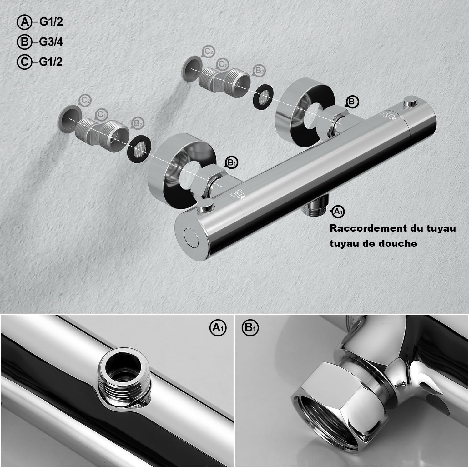Görbach Mitigeur thermostatique de douche avec touche de sécurité 38 °C, Mitigeur thermostatique de douche, robinet de baignoire chromé pour douche - 7