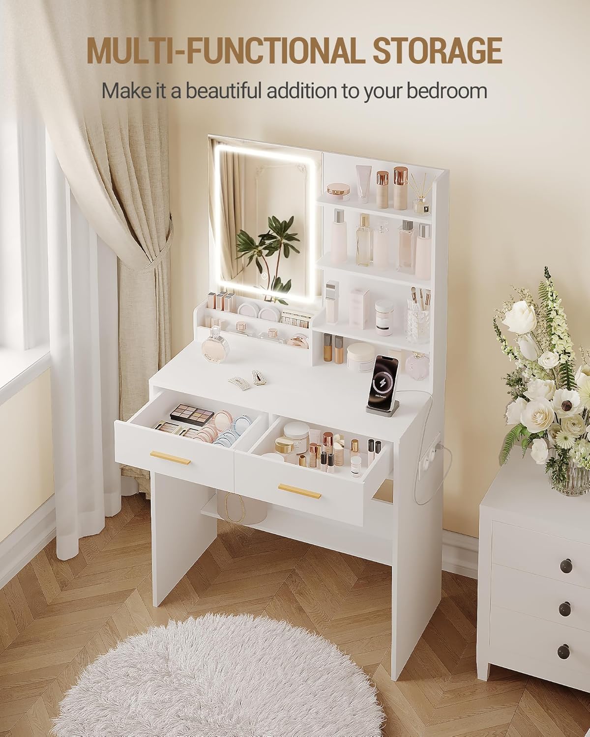 Coiffeuse avec Lumière LED, 2 Prises et 2 USB, avec 2 Tiroirs et 4 Étagères Ouvertes, Compartiment de Rangement, pour Chambre,Style Moderne, Blanc - 2