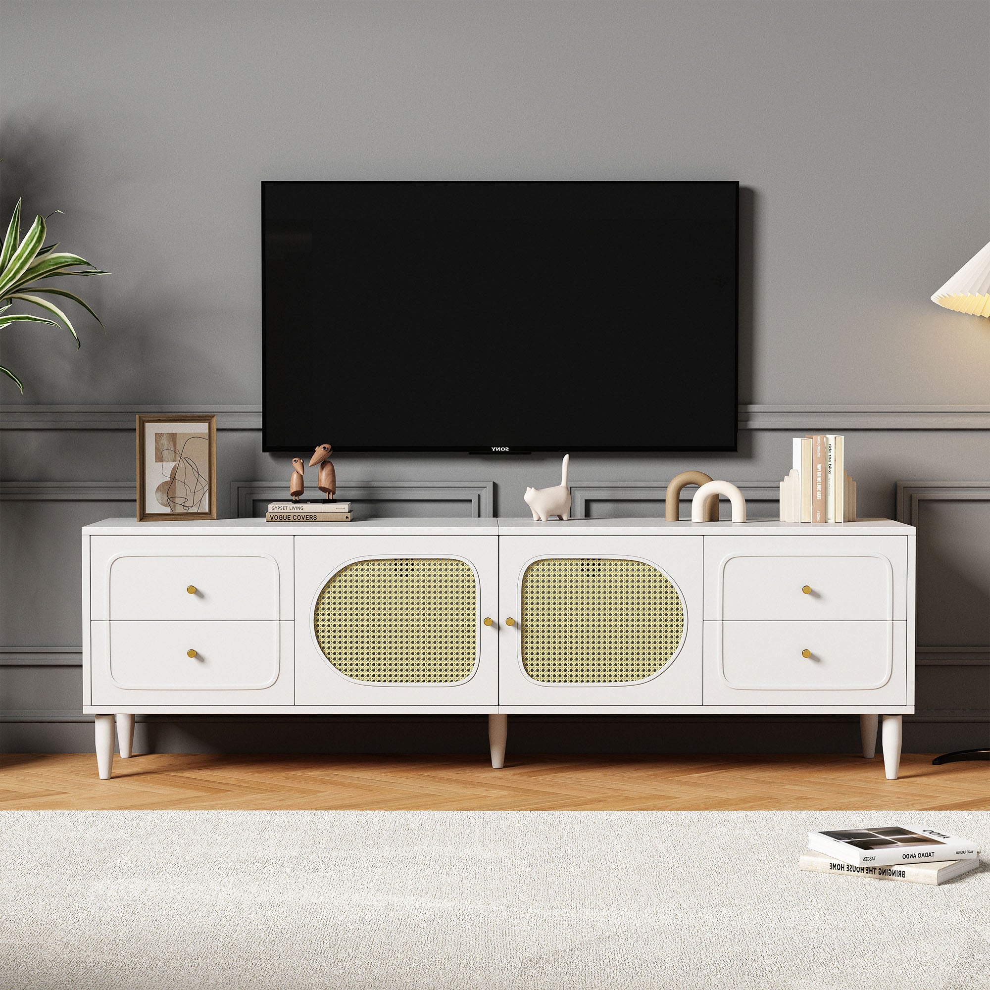 Szafka RTV z rattanu, 180x40x56,5 cm - z 4 szufladami, 2 drzwiami z rattanu, nóżkami o regulowanej wysokości i systemem zarządzania kablami