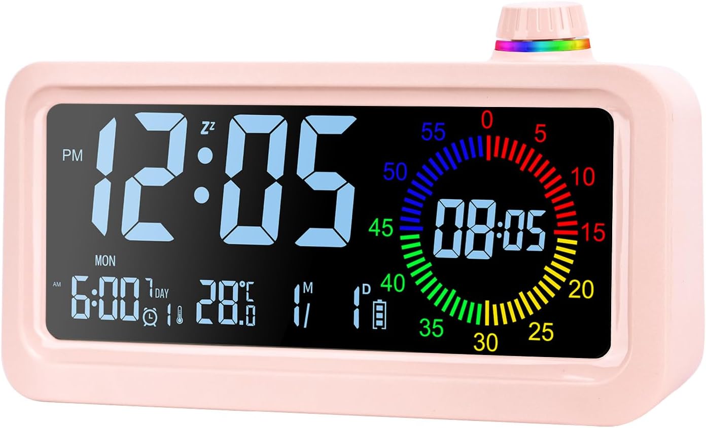 Kolorowy budzik LED z timerem, 2 poziomy jasności, funkcja drzemki, format 12/24-godzinny, 2 tryby wyświetlania temperatury (różowy)