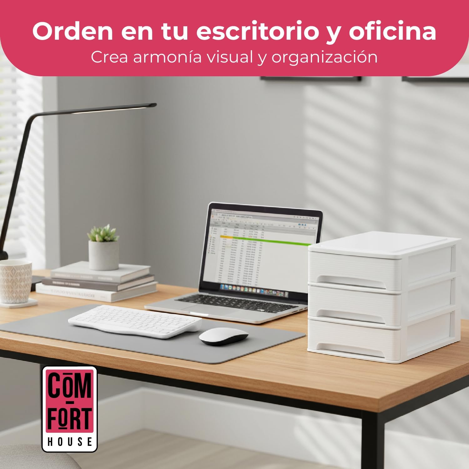 COM-FORT HOUSE | Cajonera Apilable de Plástico | Modelo Lineas | Color Blanco| Modelo de 3 Cajones | Cajones de Almacenamiento Modular - 3