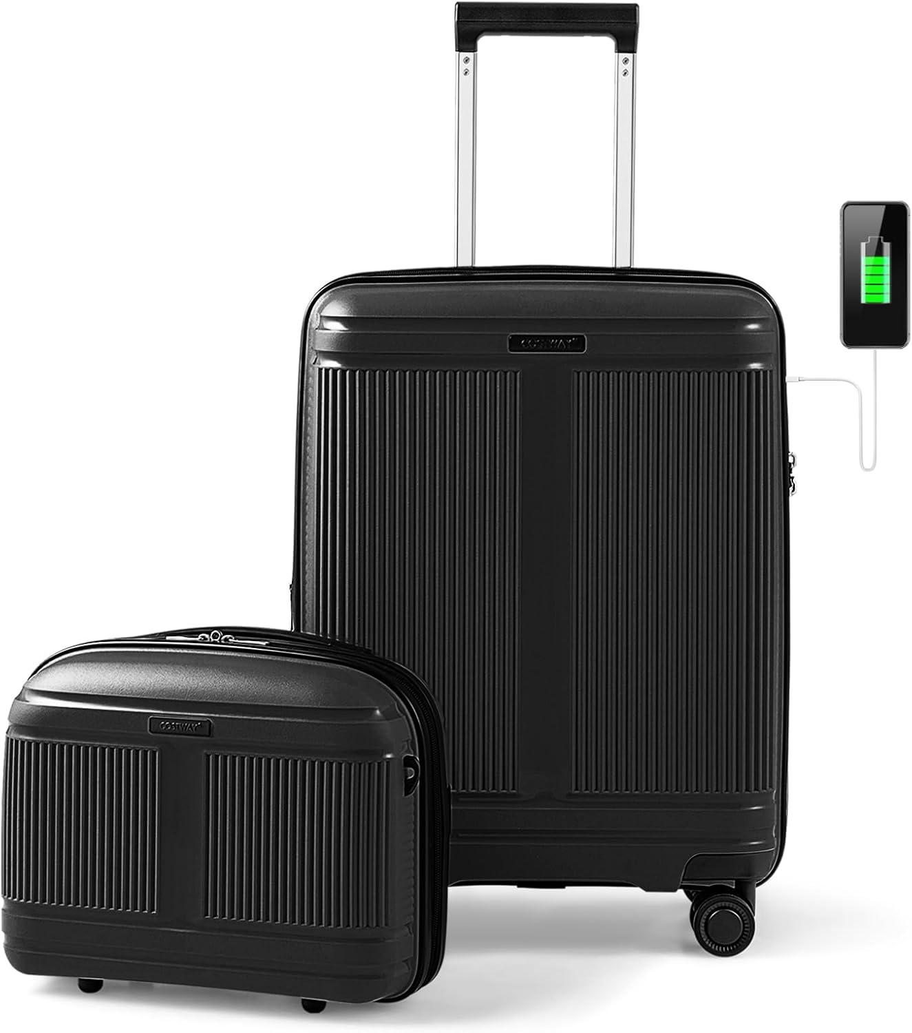 55 cm Bagaż Podręczny z 35 cm Kosmetyczką, Lekka Walizka z 4 Podwójnymi Obrotowymi Kółkami, Zamek TSA, Port USB, Zatwierdzony Bagaż Twardy (Czarny)