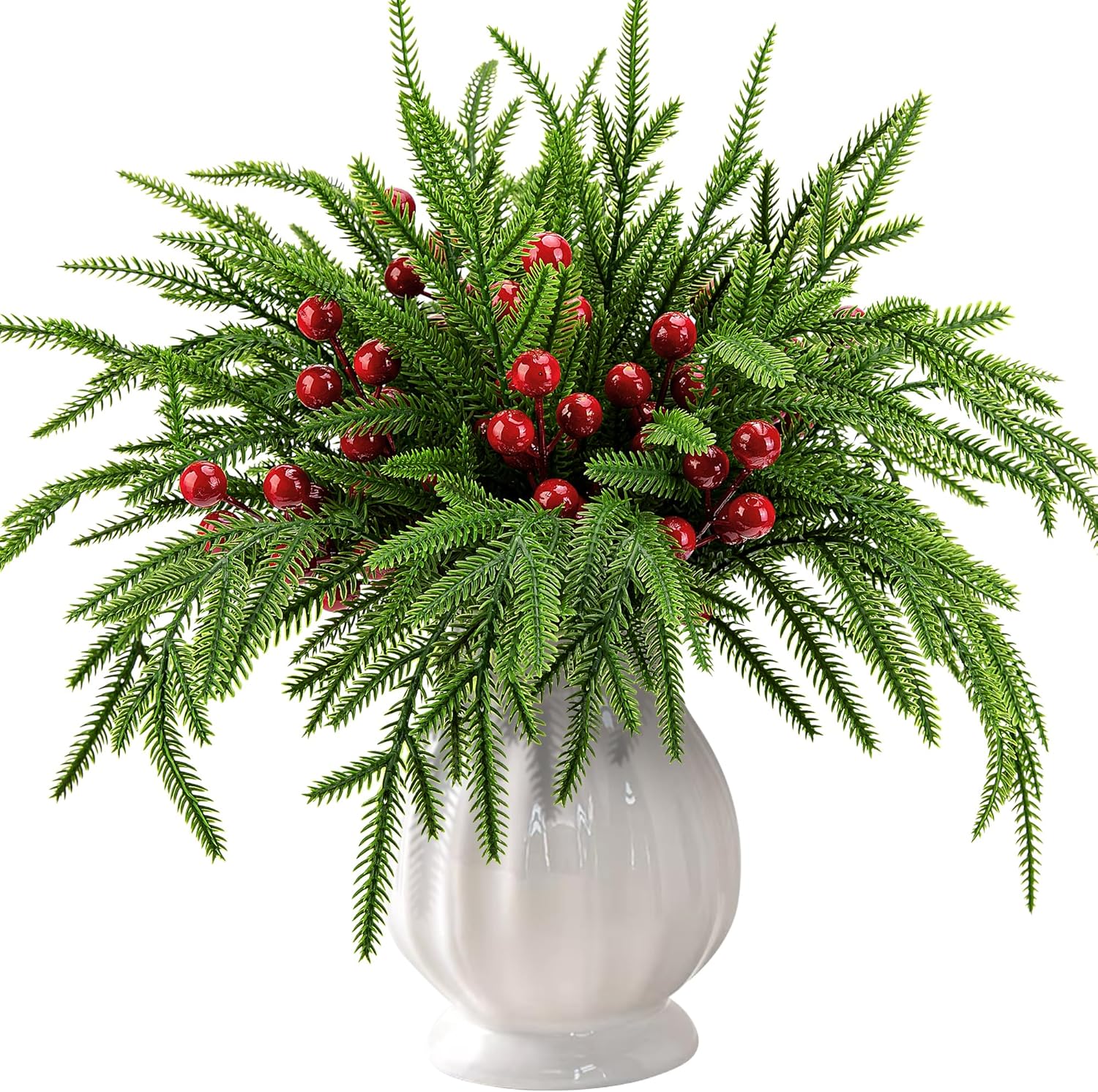 Zielone sztuczne gałązki sosny bożonarodzeniowej, 35 igieł, 35 cm, 10 czerwonych jagód, 22,6 cm, dekoracja do domu DIY