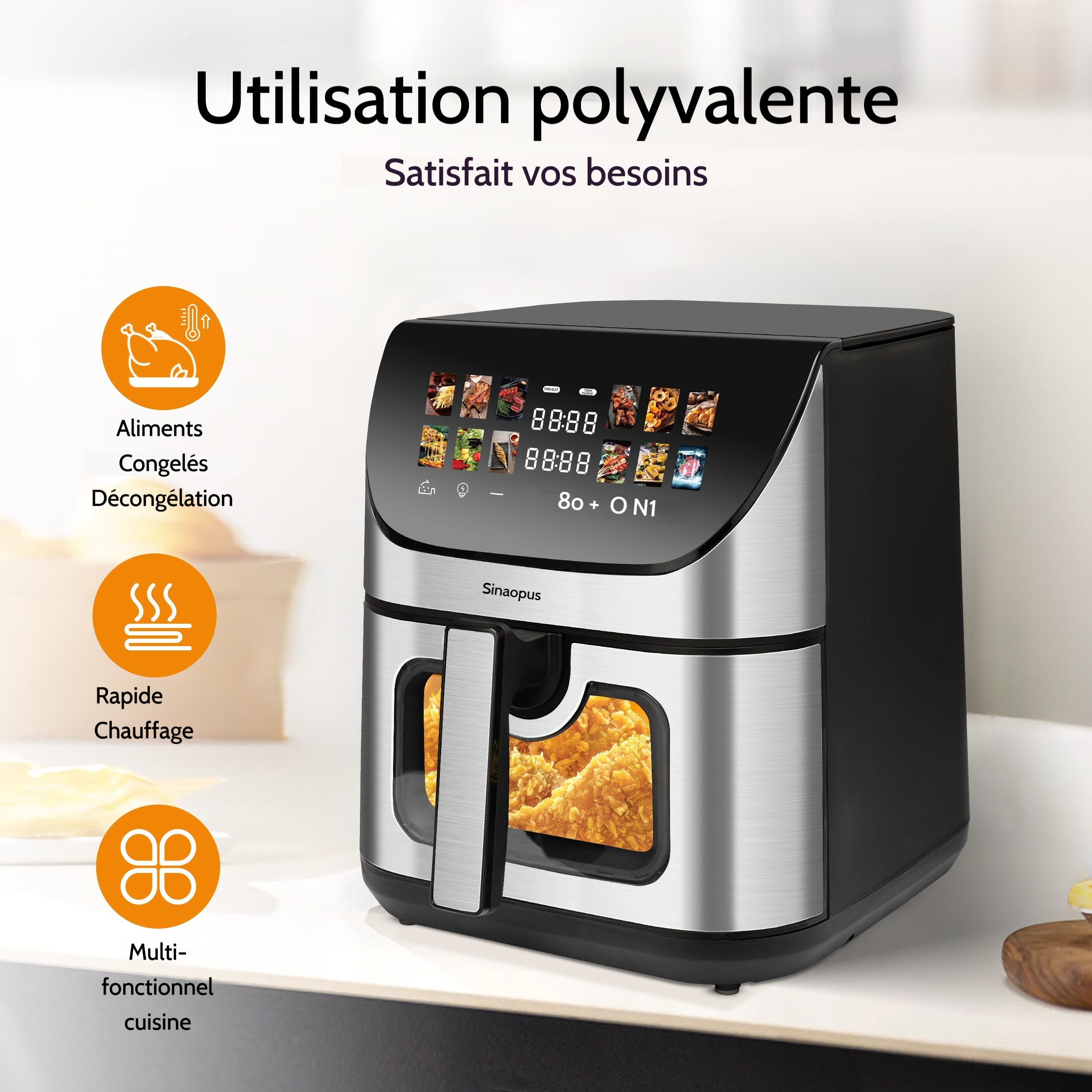 Friteuse à air chaud 8,5 L avec fenêtre de visualisation et écran couleur 12 programmes de cuisson, écran tactile LED couleur noir - 3