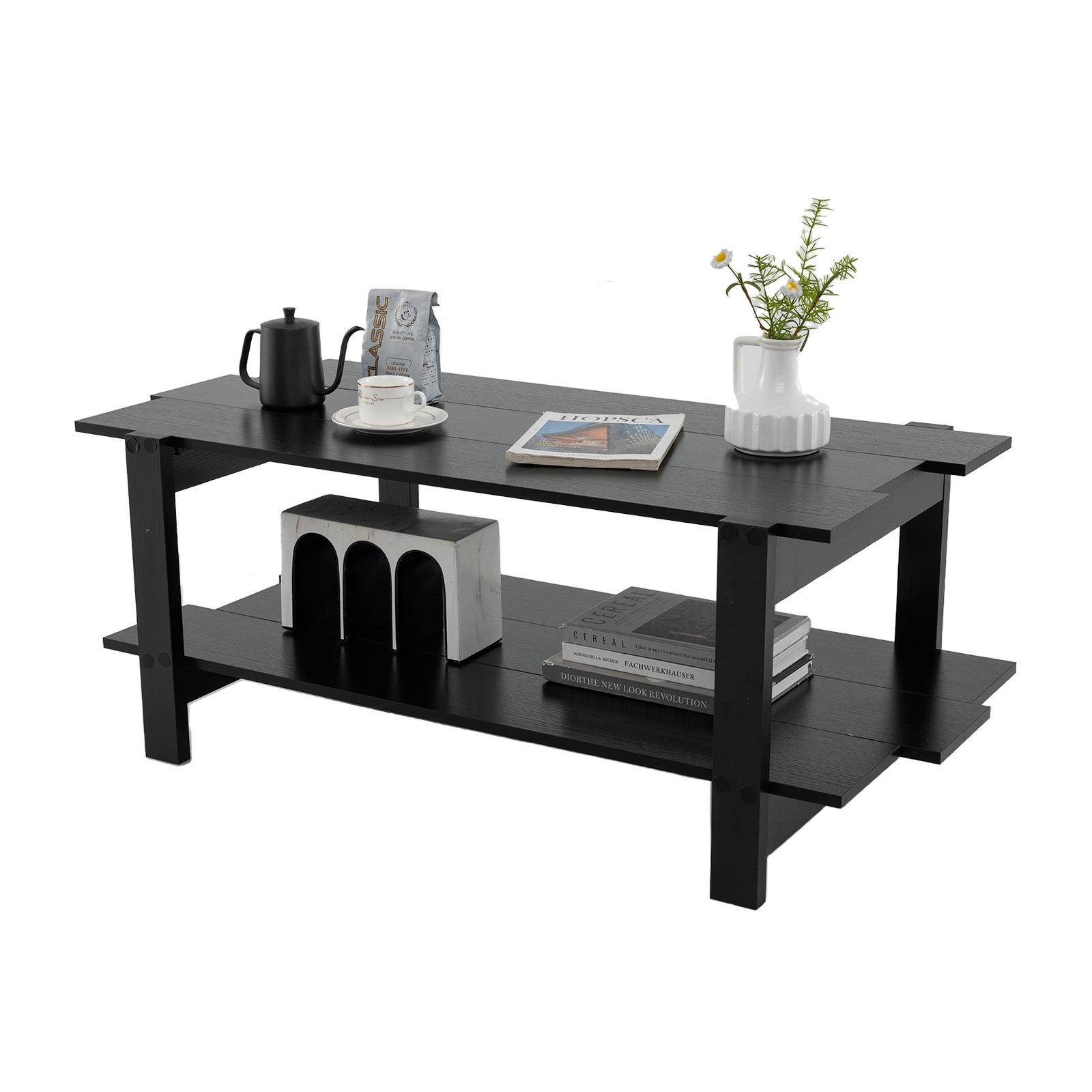 2-poziomowy stolik kawowy, stolik kawowy z listew z półką, prostokątny stół do salonu, biura, czarny